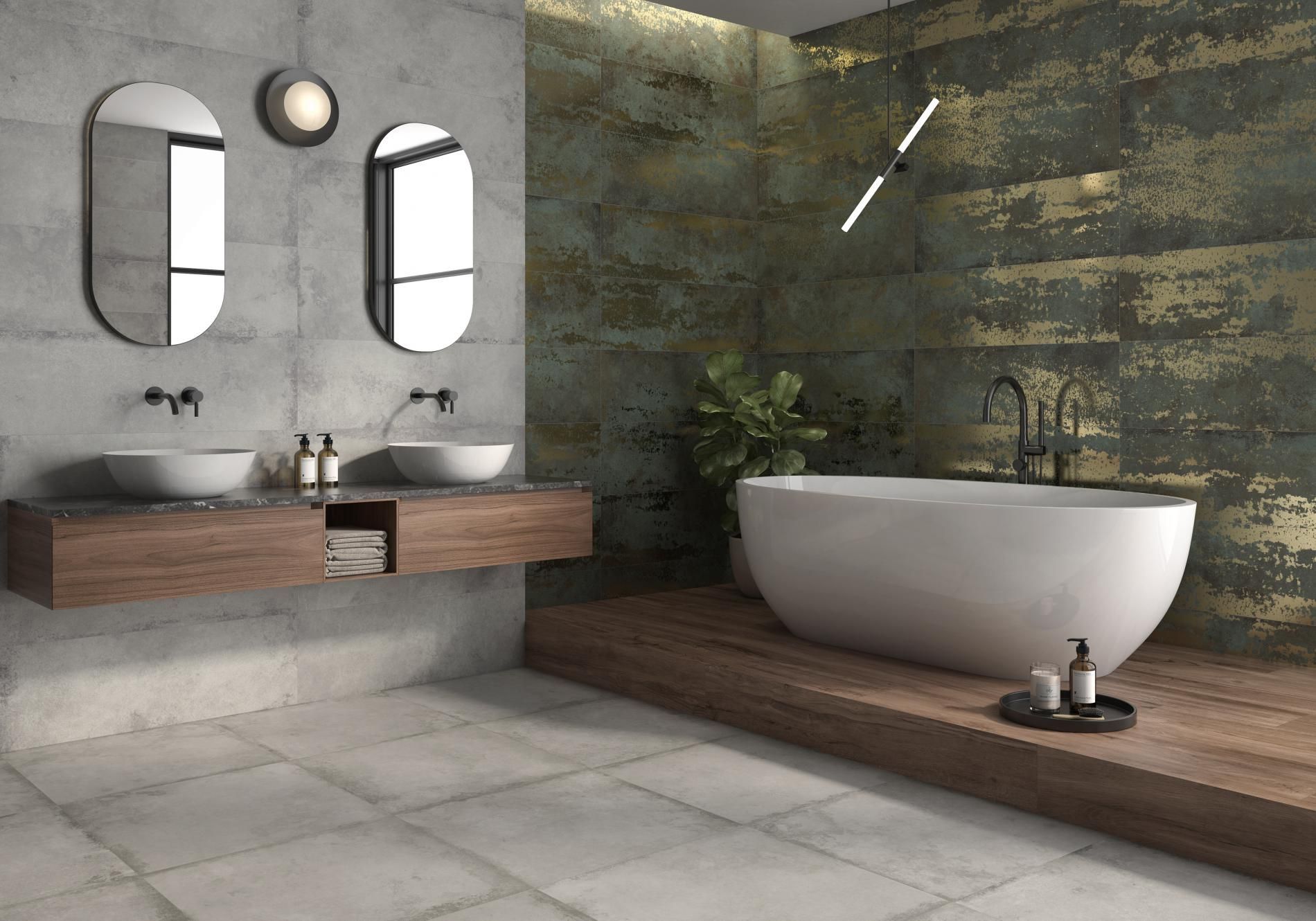 bathroom shot with metalic effect tiles