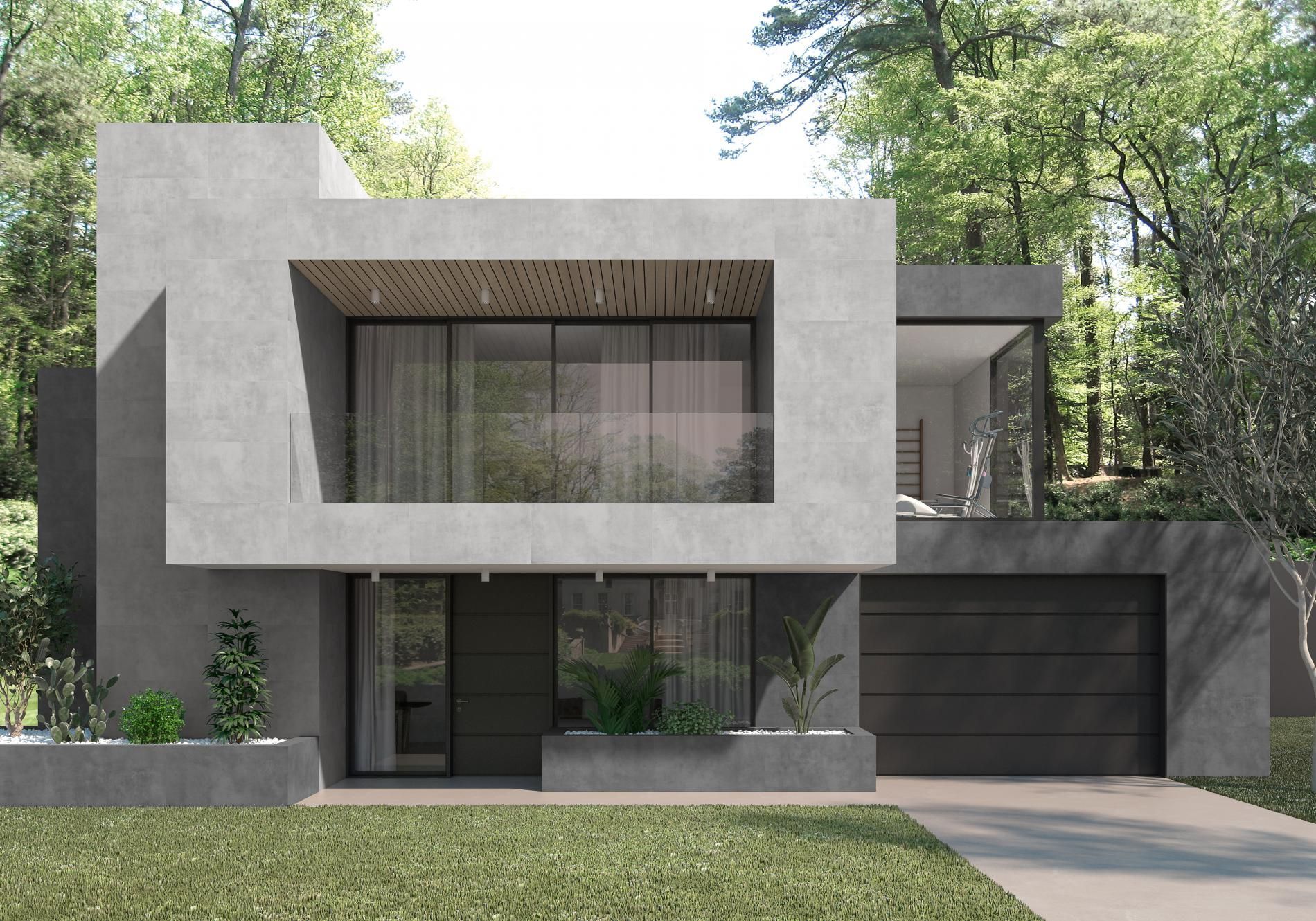 Outside view of a house that has the powder tile on the outside and as a patio floor