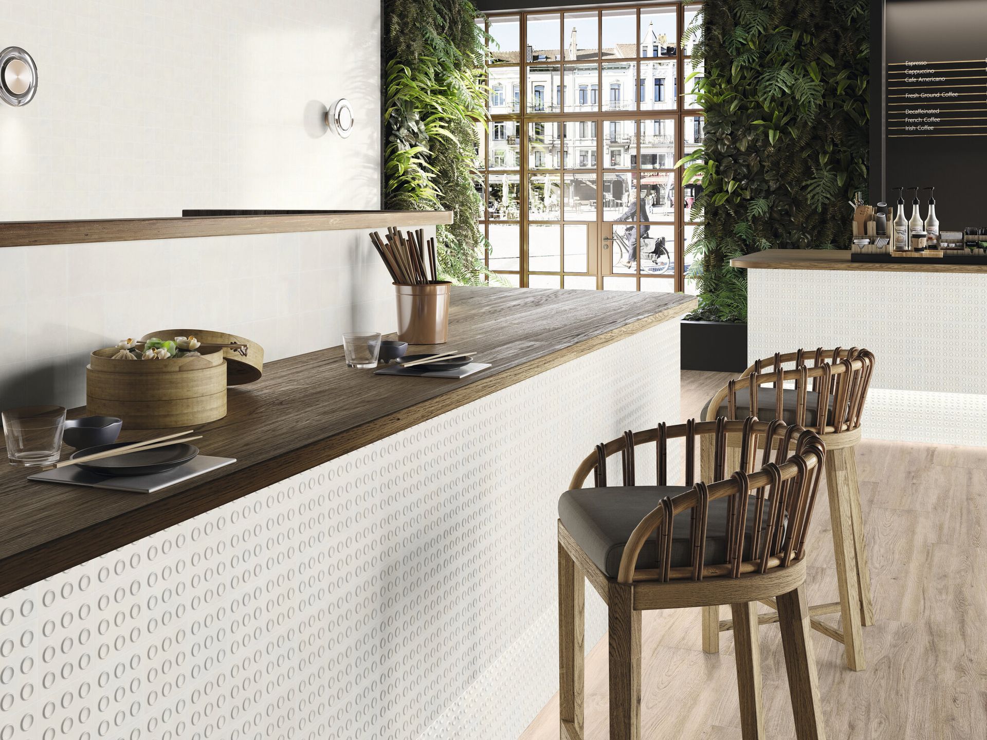 Convex diamond square under a bar sounded by 2 wooden chairs