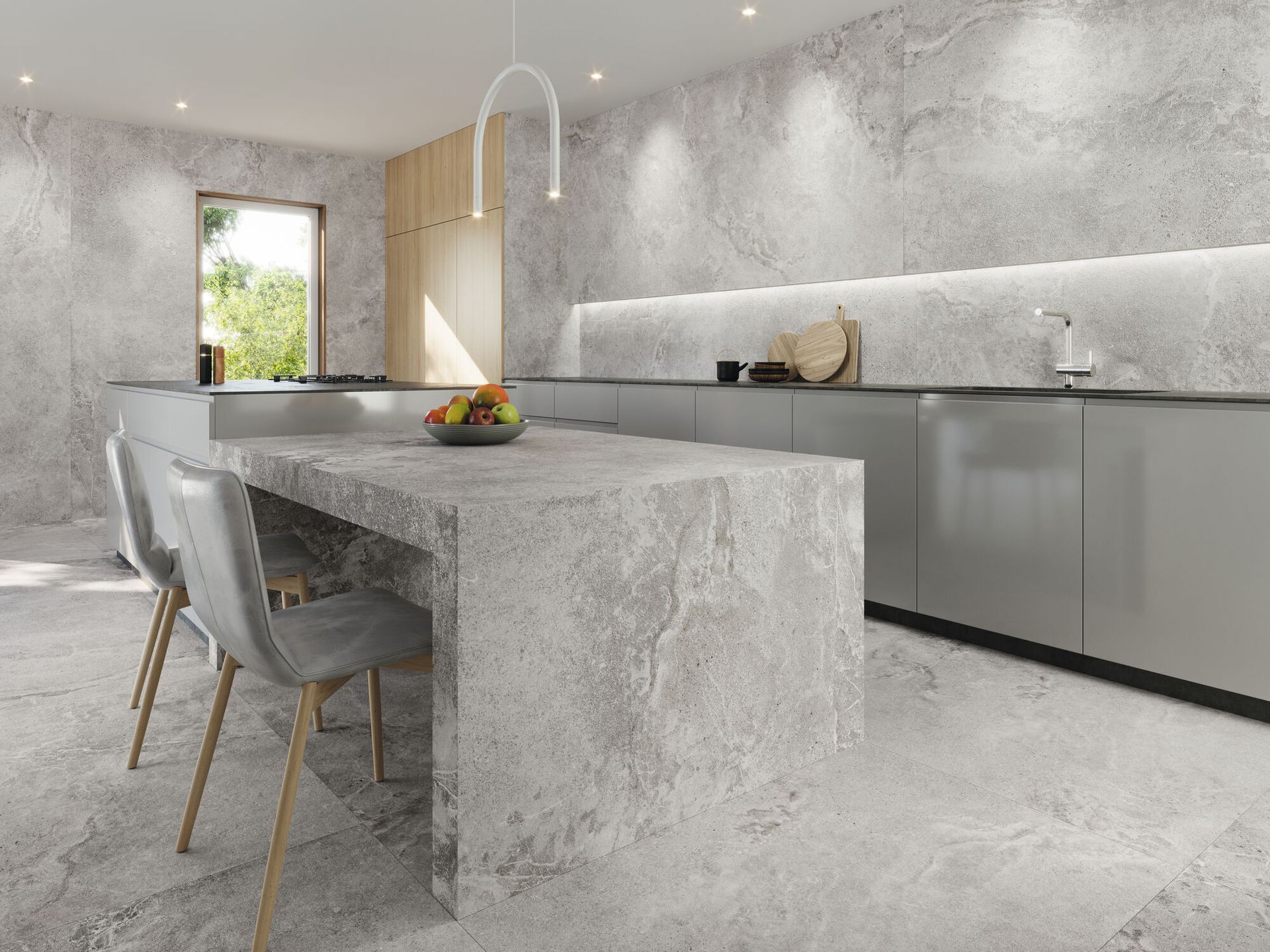 a modern kitchen design with grey tiles and a kitchen island , natural light window , grey wooden  stools