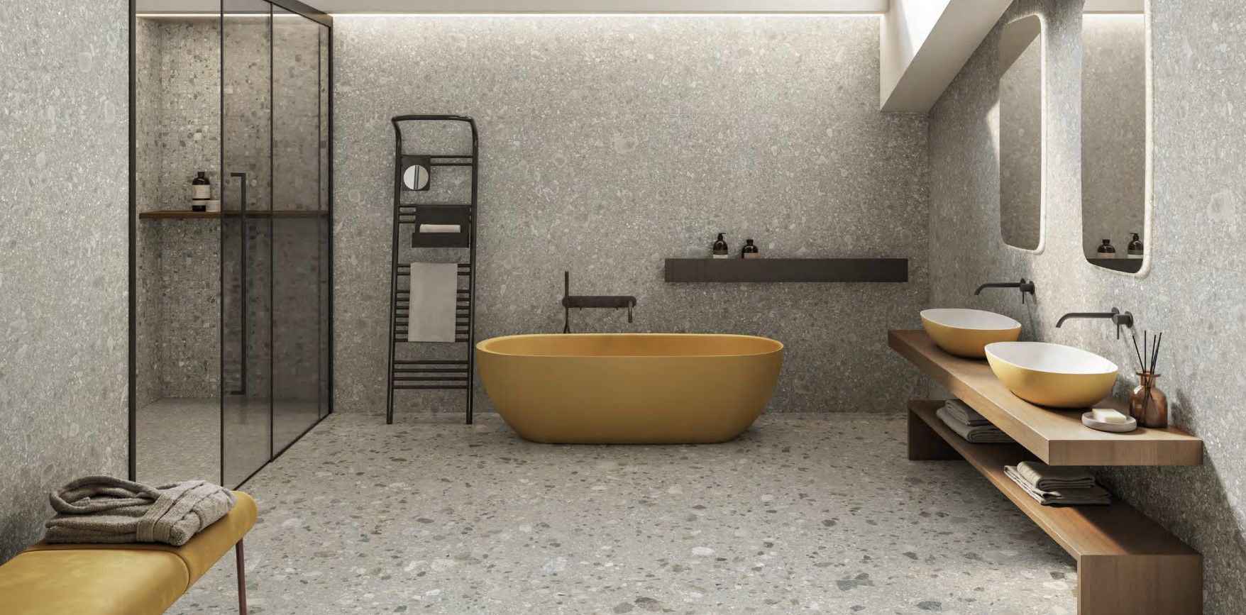 Earthblend used in a bathroom with yellow sinks and yellow bath