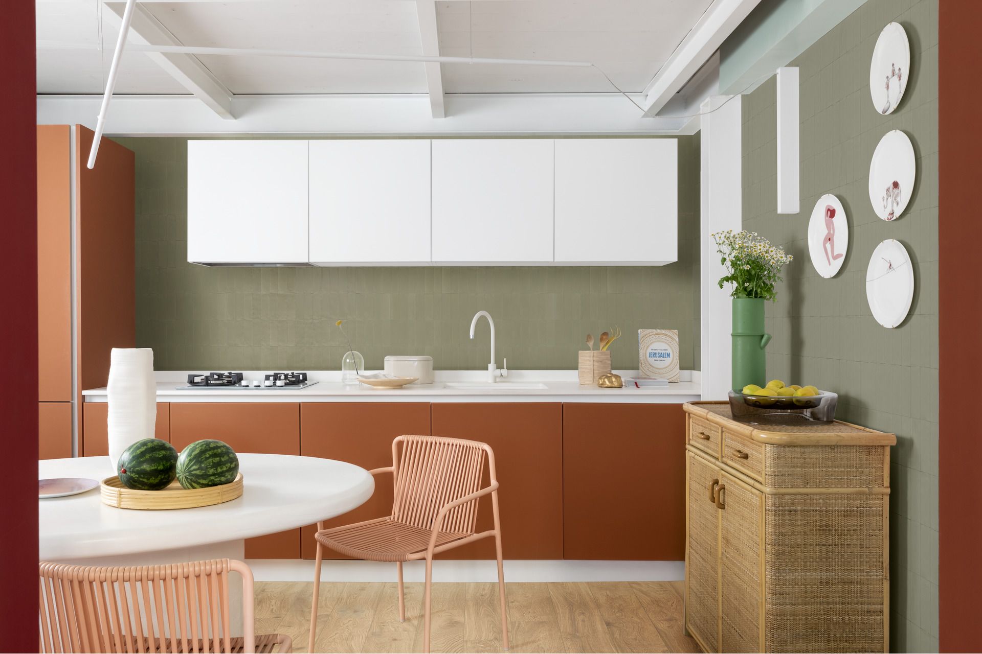 Modern Kitchen with red and green themed