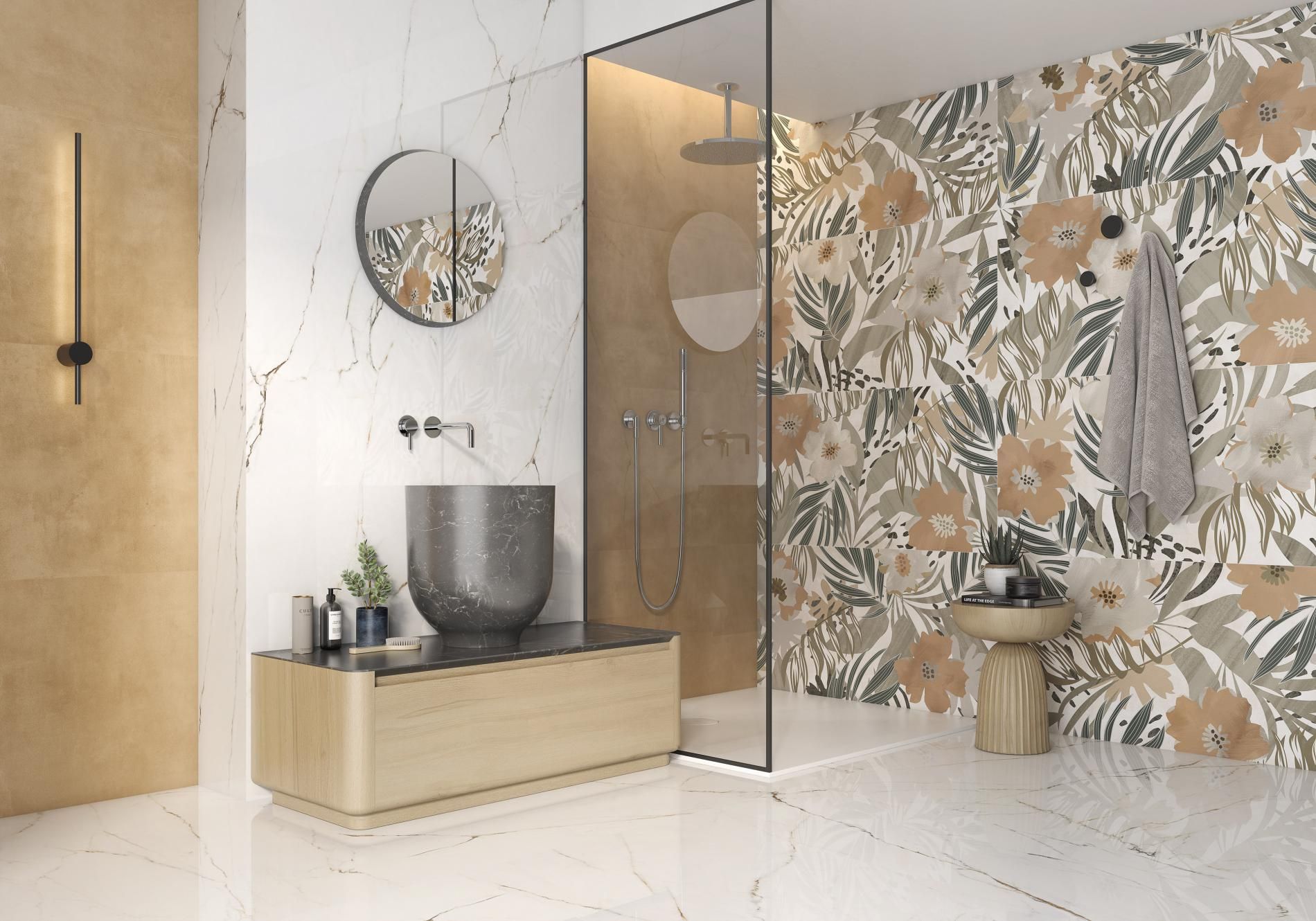 New forest on bathroom wall with the yellow powder tile