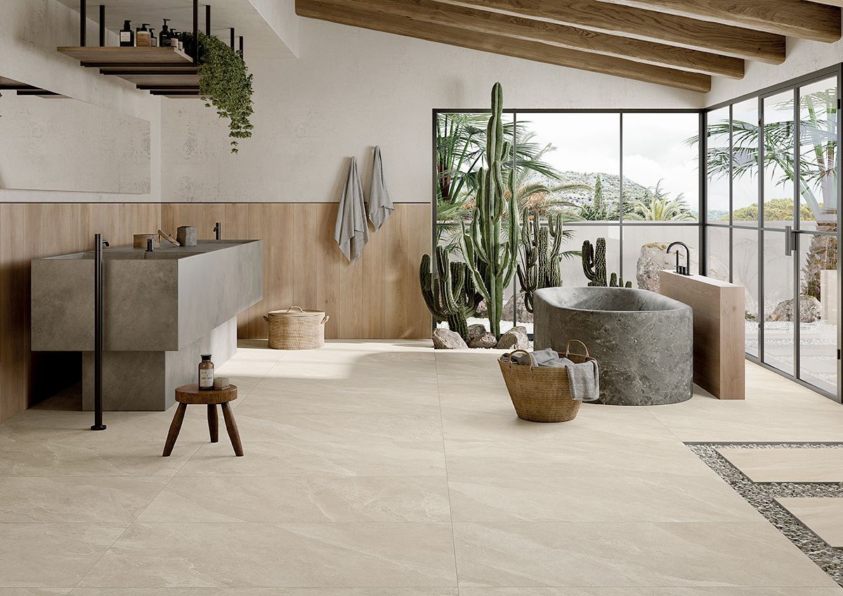 full bodied porcelain , slate effect , floor tiles , bathroom minimalistic modern interior design with a marble bathub