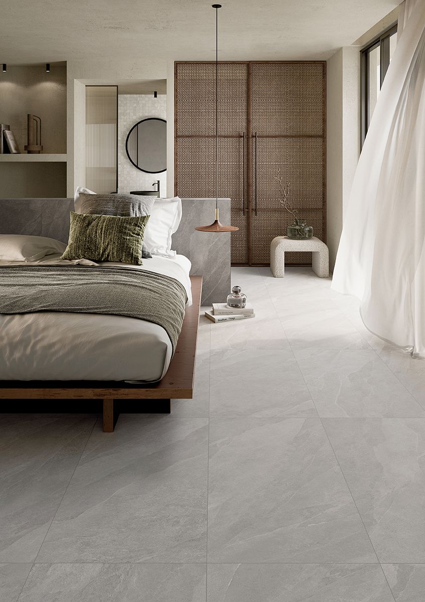 full bodied porcelain, slate effect, floor tiles, bedroom design , white aesthetic with a minimalistic and modern interior design