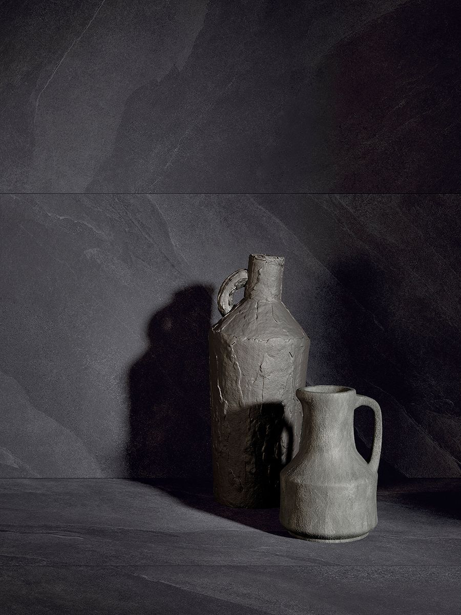 full bodied porcelain, slate effect, wall tiles with a hand crafted clay jugs