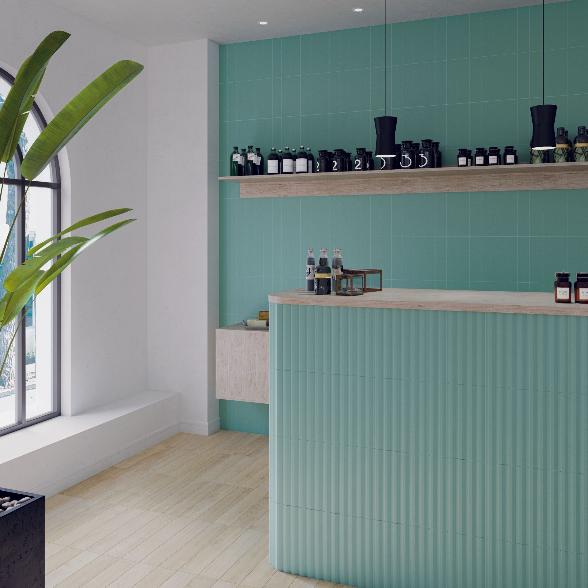 A collection of 3D textured wall tiles in pastel tones, ideal for feature walls, kitchen island surrounds, bar fronts and reception desk cladding. Often referred to as fluted or ribbed tiles