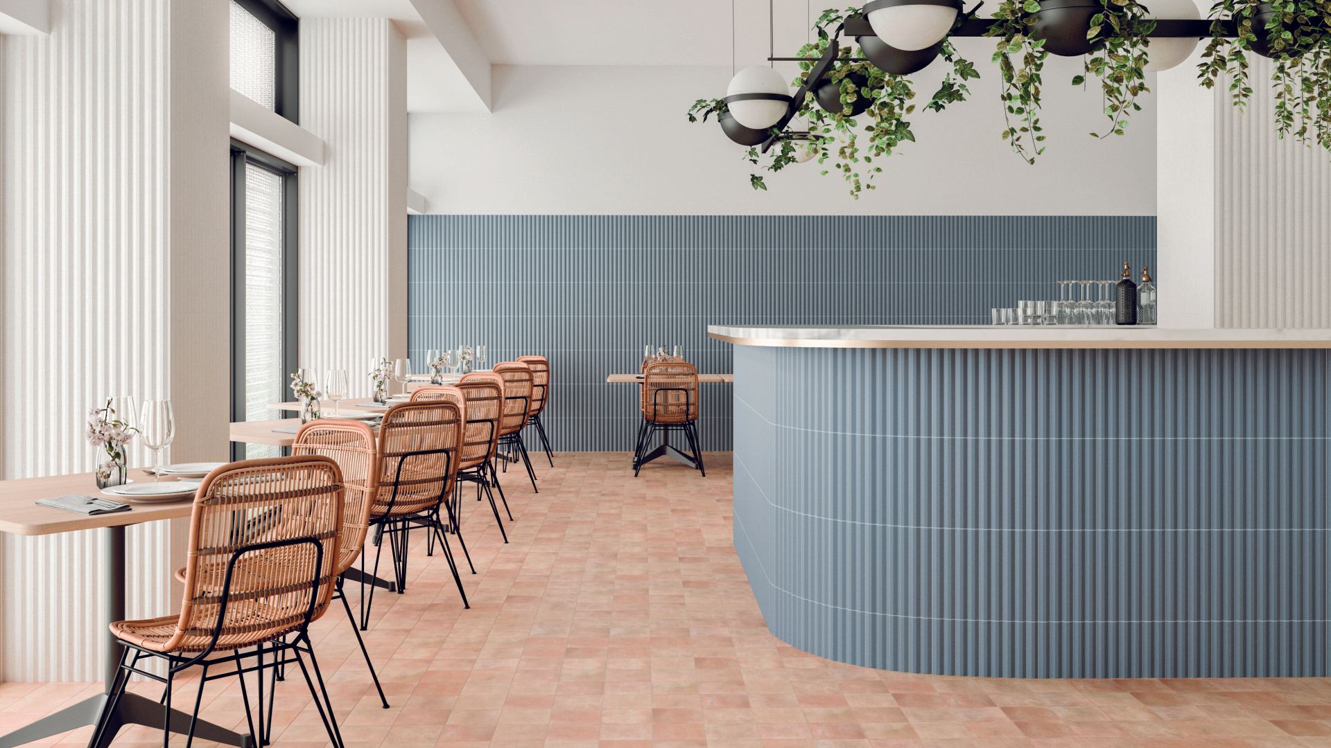 A collection of 3D textured wall tiles in pastel tones, ideal for feature walls, kitchen island surrounds, bar fronts and reception desk cladding. Often referred to as fluted or ribbed tiles