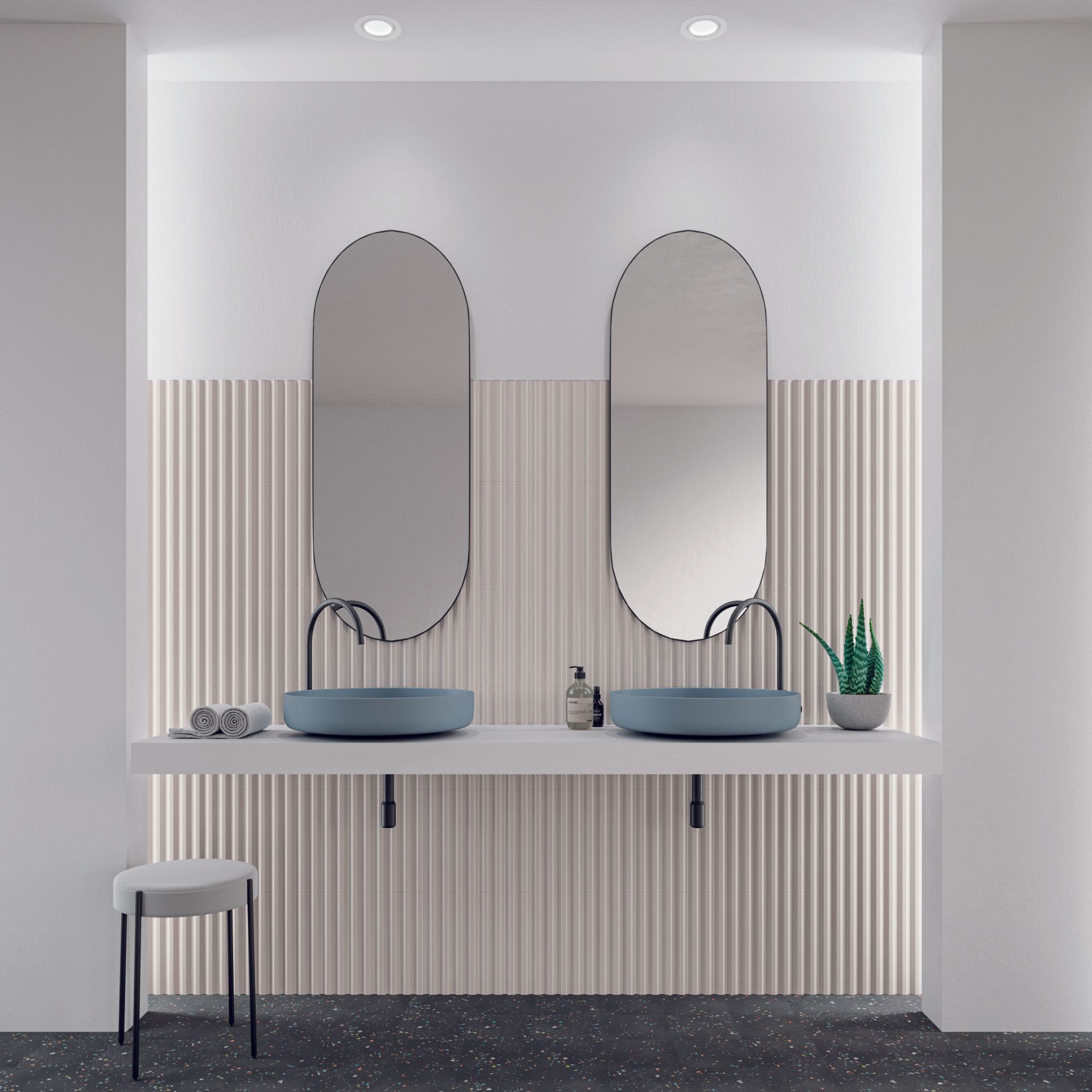 A collection of 3D textured wall tiles in pastel tones, ideal for feature walls, kitchen island surrounds, bar fronts and reception desk cladding. Often referred to as fluted or ribbed tiles