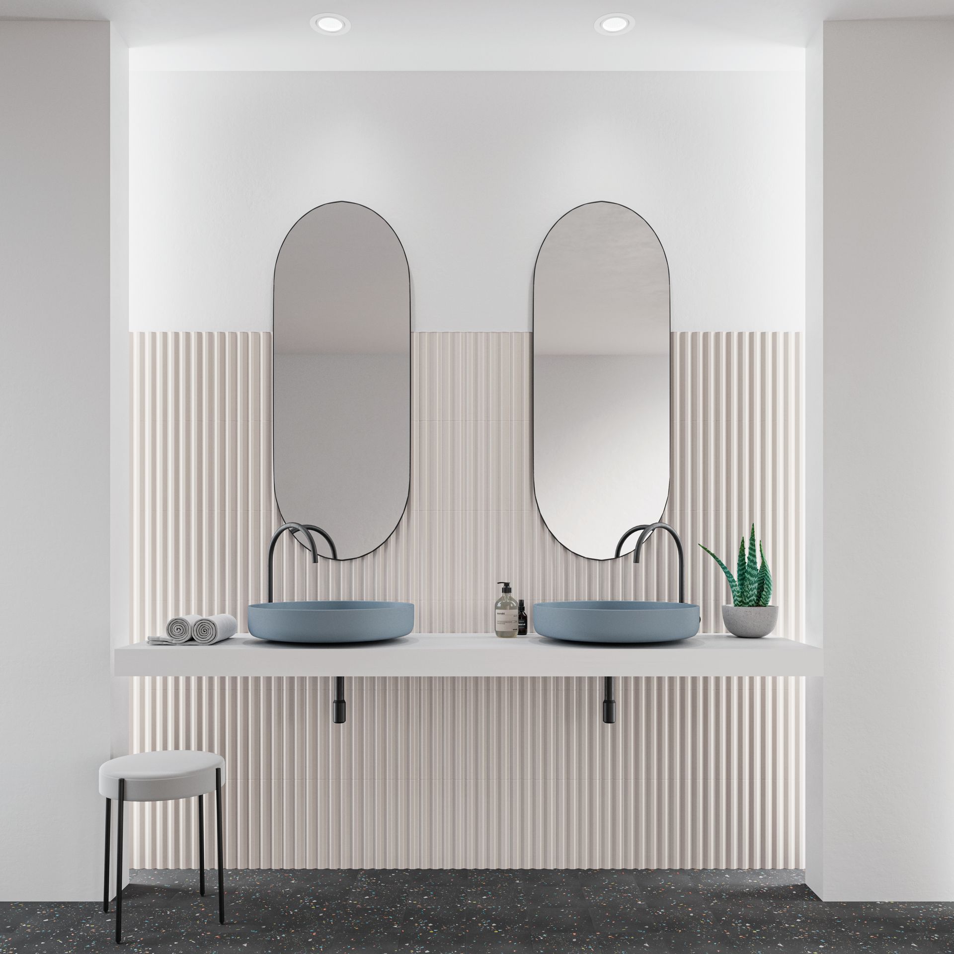 fluted 3d tiles with mirrors and taps