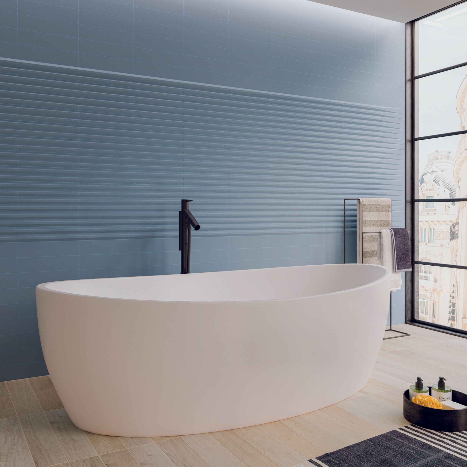 A collection of 3D textured wall tiles in pastel tones, ideal for feature walls, kitchen island surrounds, bar fronts and reception desk cladding. Often referred to as fluted or ribbed tiles