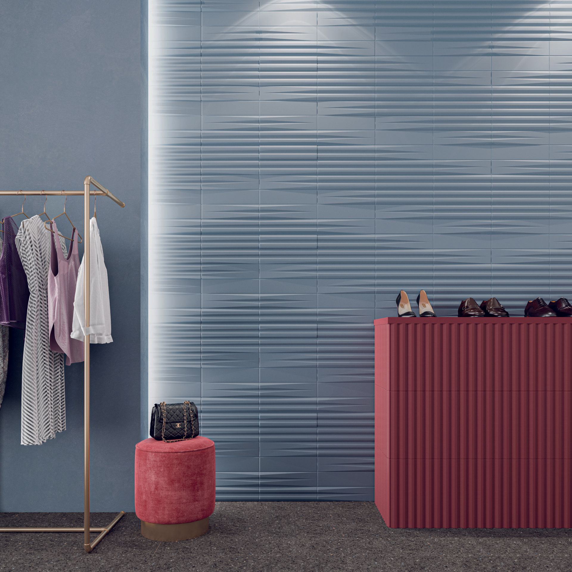 A collection of 3D textured wall tiles in pastel tones, ideal for feature walls, kitchen island surrounds, bar fronts and reception desk cladding. Often referred to as fluted or ribbed tiles
