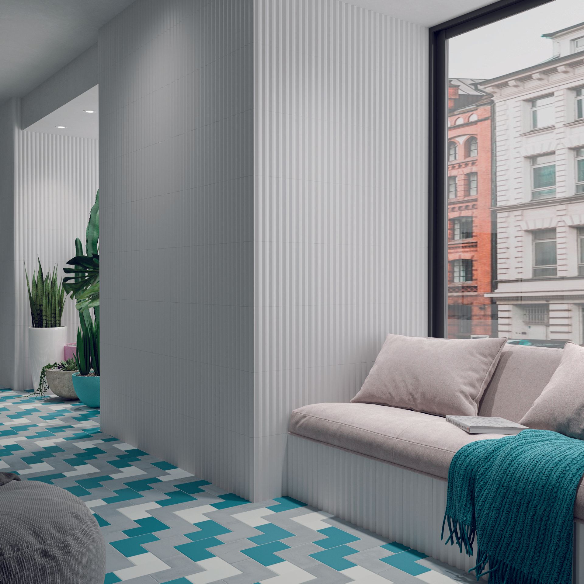 A collection of 3D textured wall tiles in pastel tones, ideal for feature walls, kitchen island surrounds, bar fronts and reception desk cladding. Often referred to as fluted or ribbed tiles