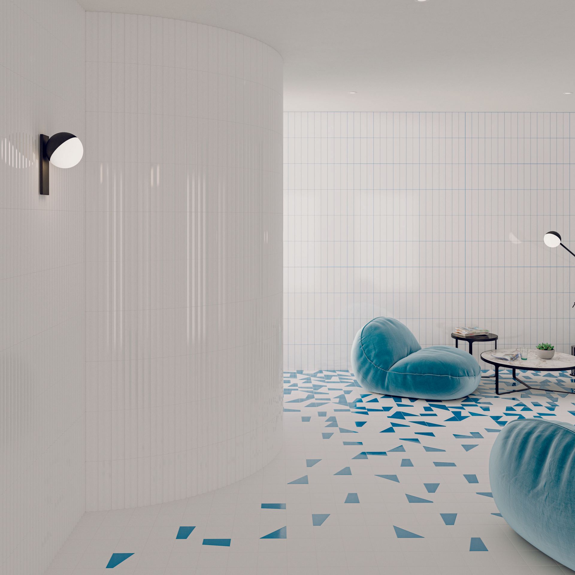 A collection of 3D textured wall tiles in pastel tones, ideal for feature walls, kitchen island surrounds, bar fronts and reception desk cladding. Often referred to as fluted or ribbed tiles