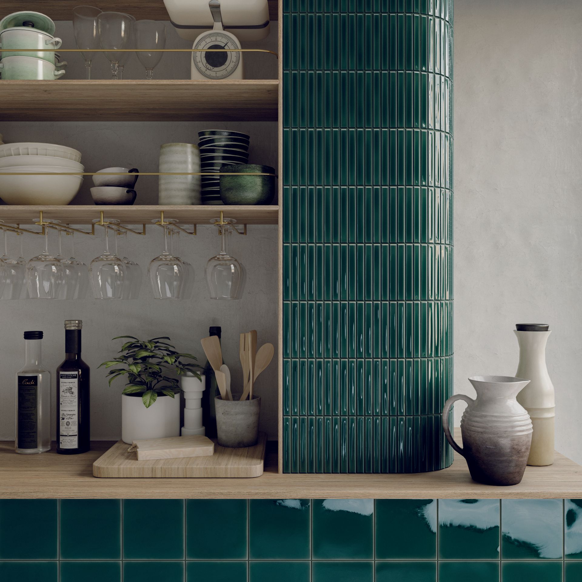 Fluted 3d green in kitchen next to wine glasses