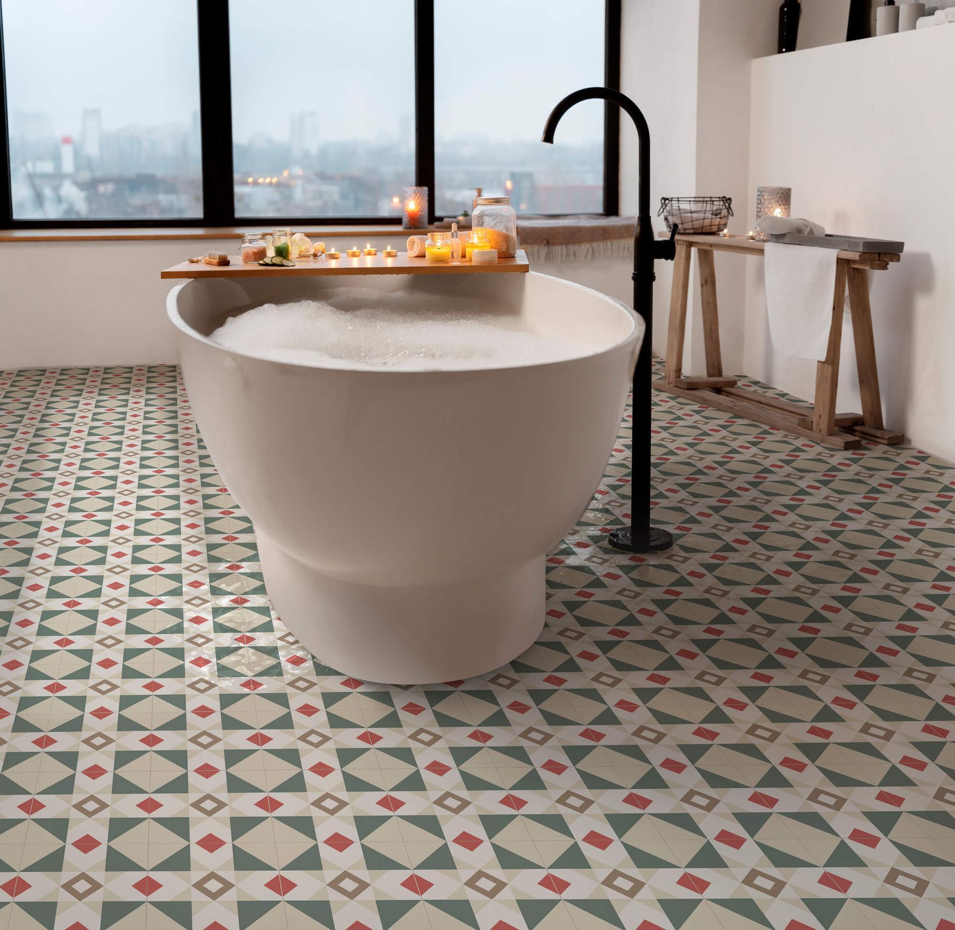 pattern floor tiles used in the bathroom
of a modern home