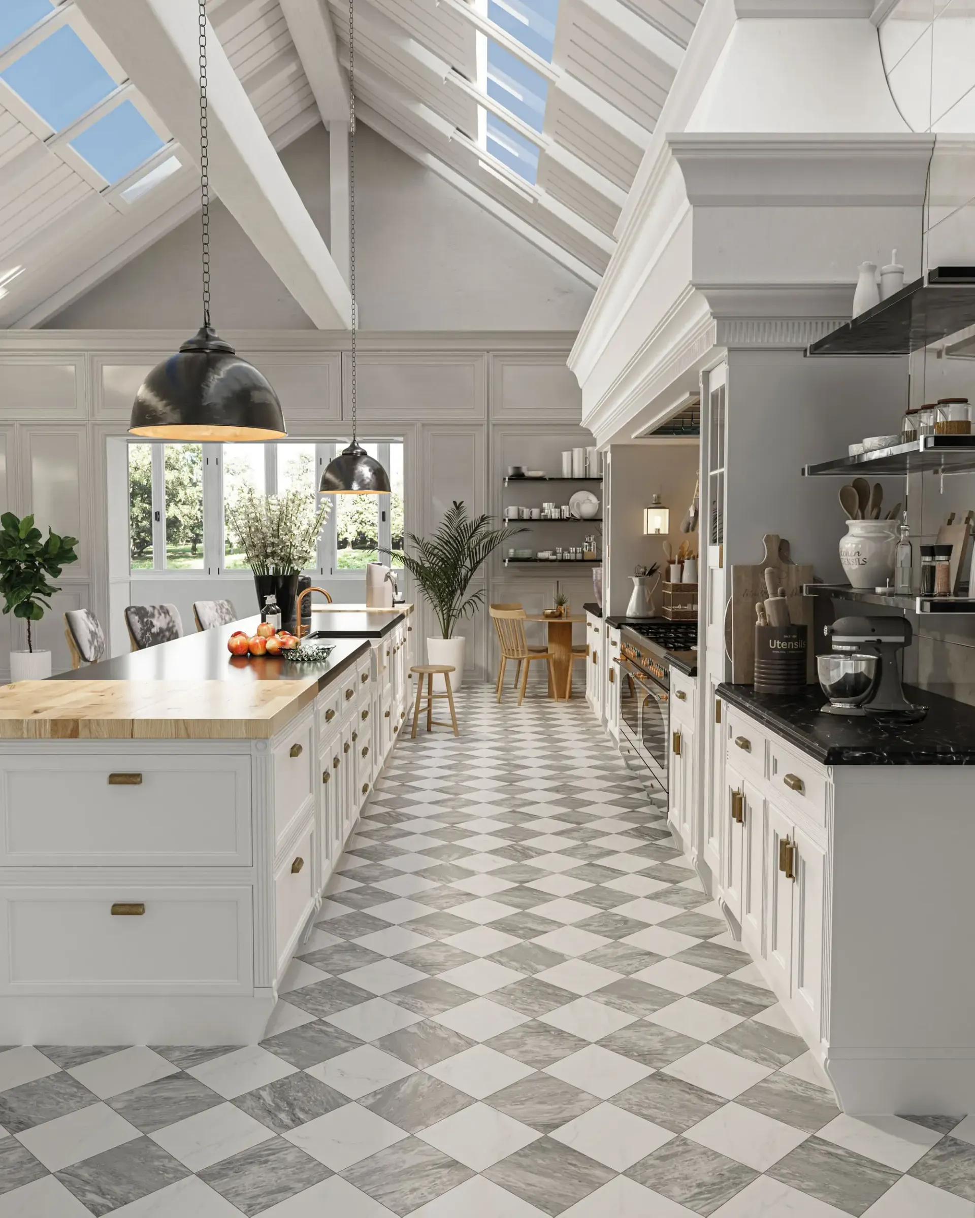 Chequerboard floor tiles used in this kitchen to make it more trendy