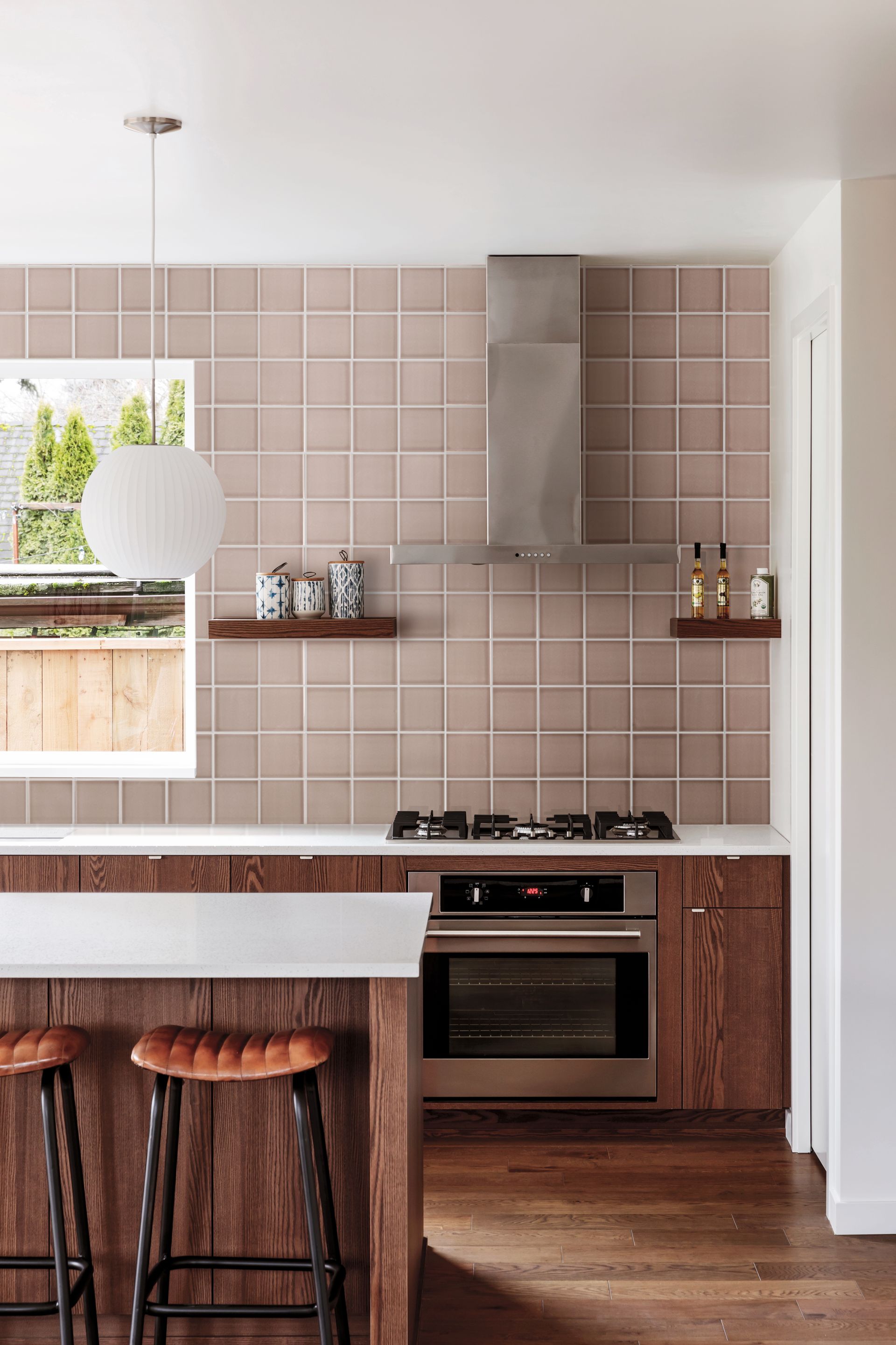 Heritage power, kitchen room shot with modern lighting and shelves holdig products up