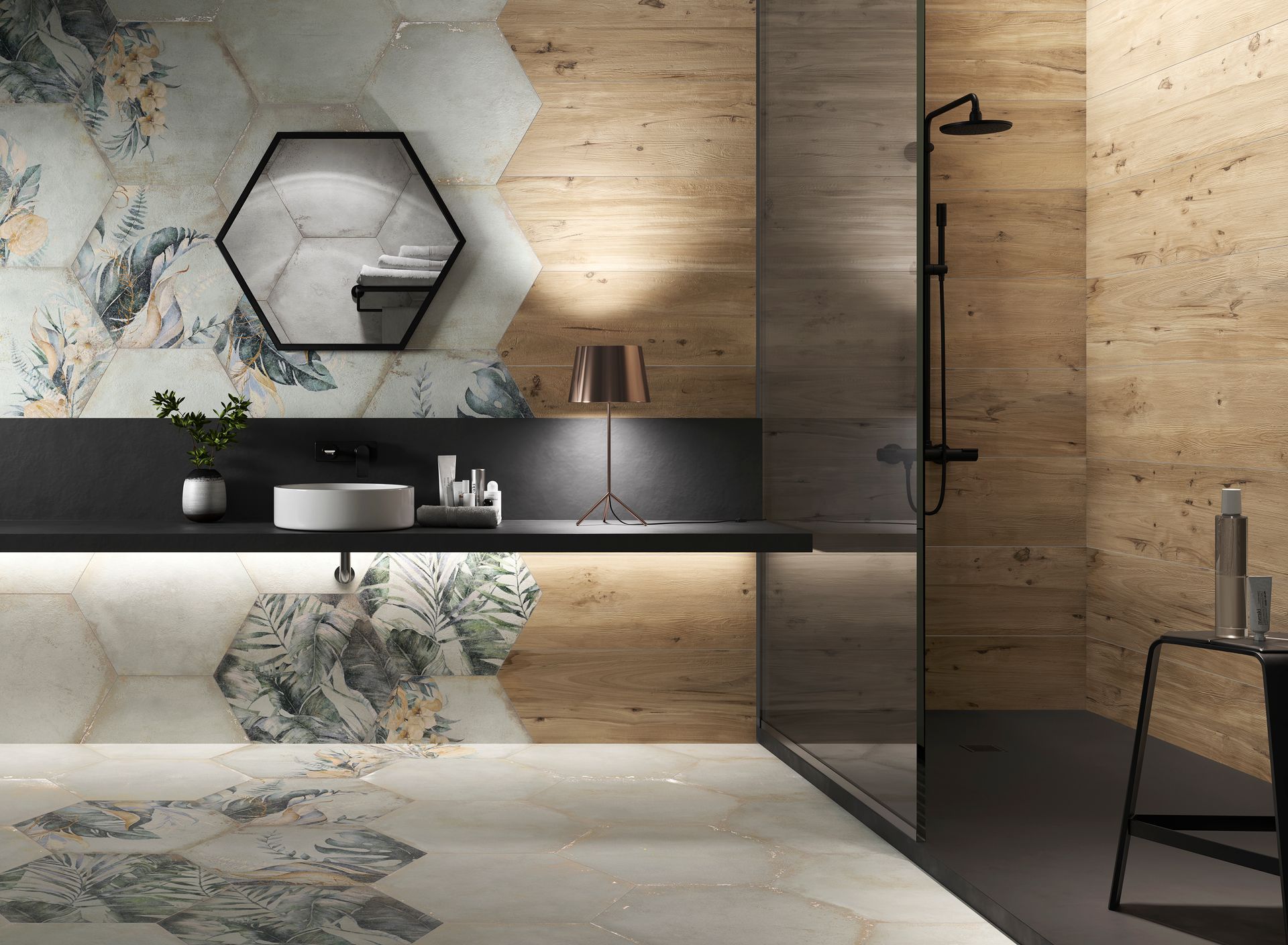 pattern tiles used on the floor and walls on this kitchen