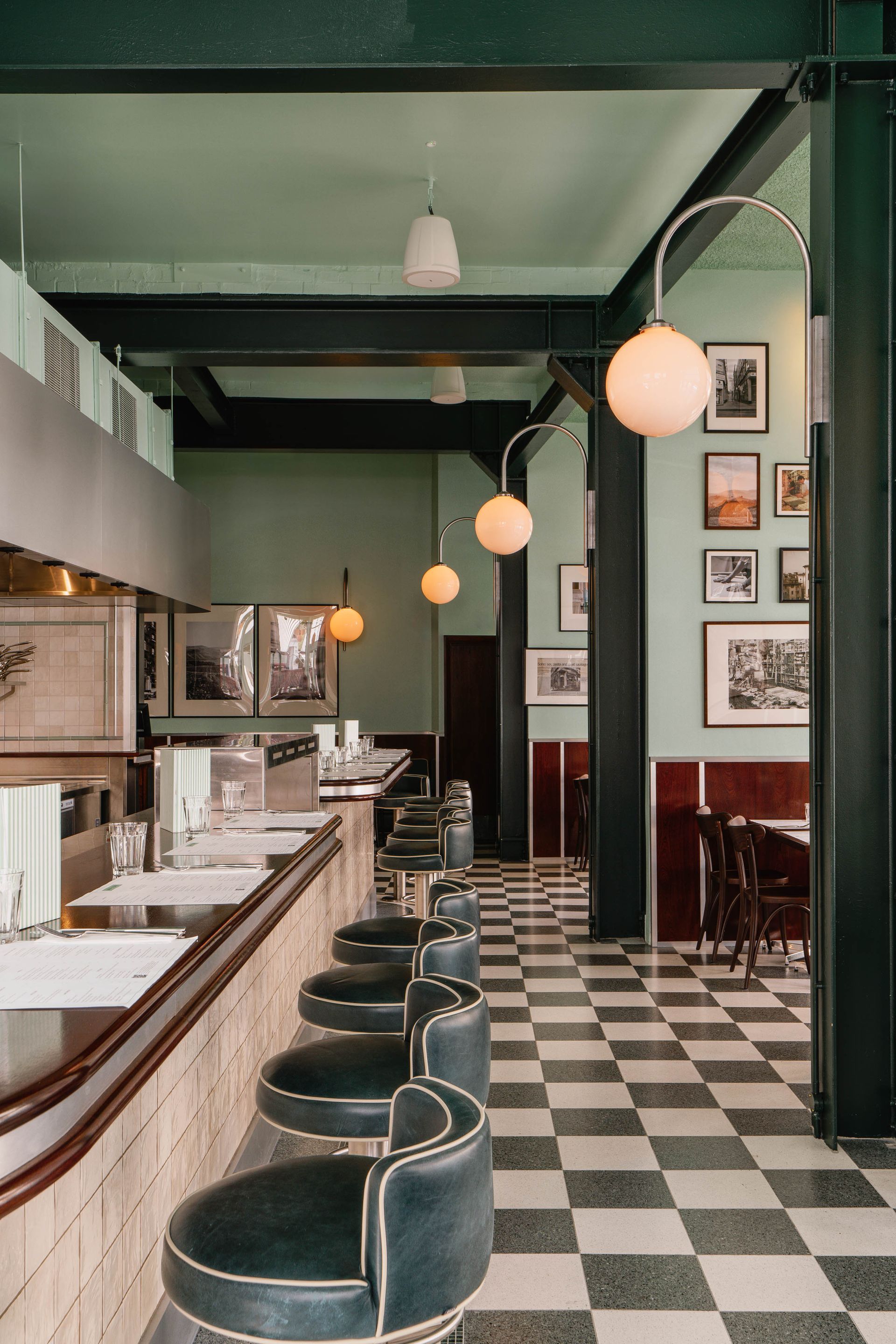 Chequerboard floor tiles used in a restaurant eating area