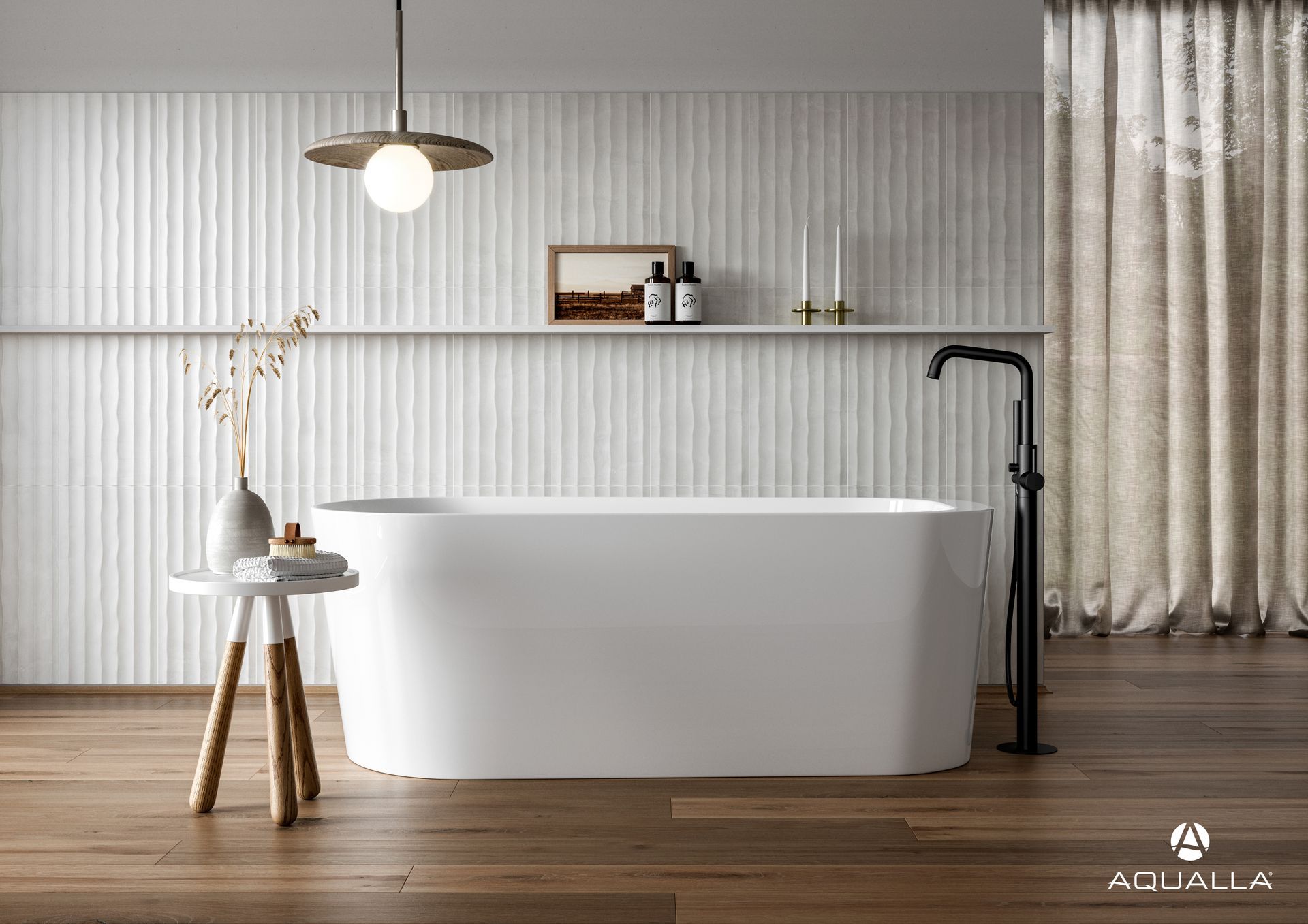Black tap used in a nice modern bathroom with fluted white wall tiles