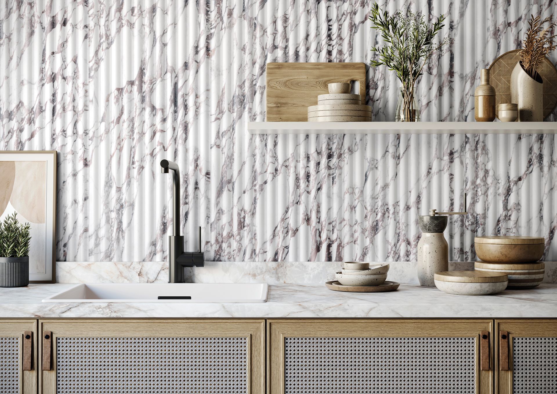 A modern kitchen featuring a fluted marble backsplash in Calacatta Viola, with delicate veining and vertical texture. Wooden cabinets, natural décor, and a sleek black faucet enhance the contemporary aesthetic.