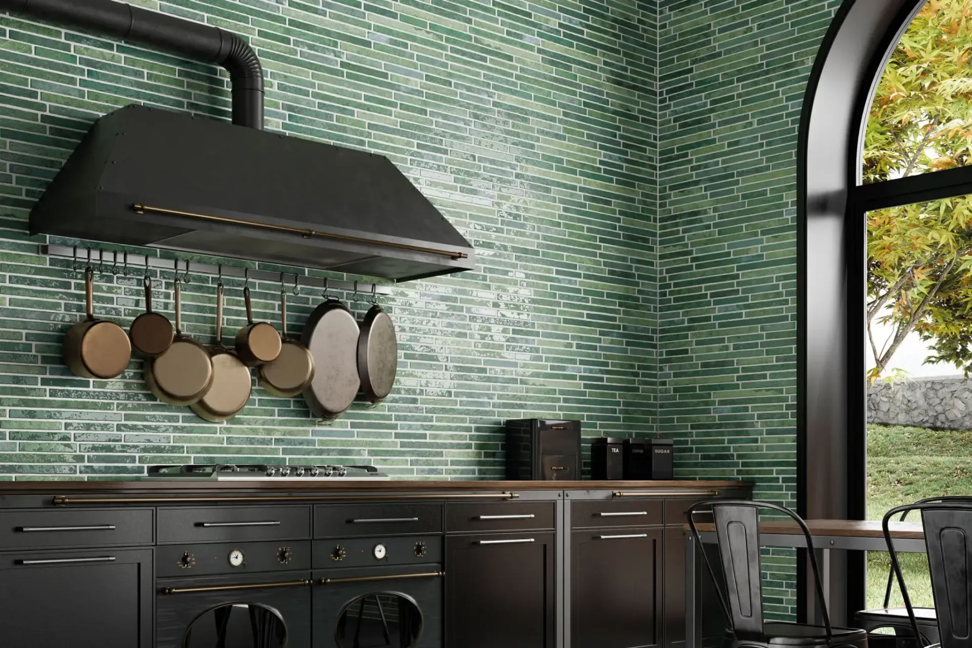 Brick and Metro Harlem Featured as splashback in a old fashioned kitchen