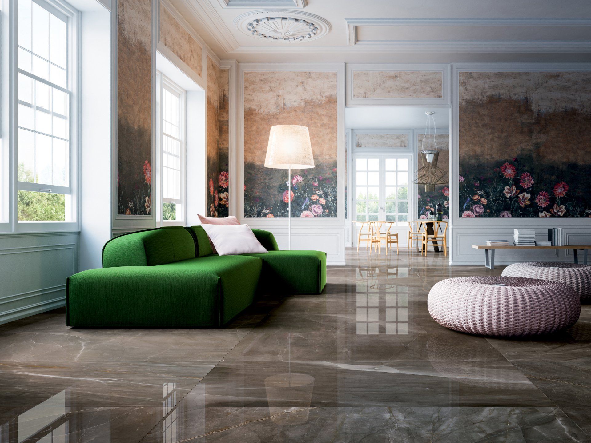 Green sofa with large format marble tile on the floor