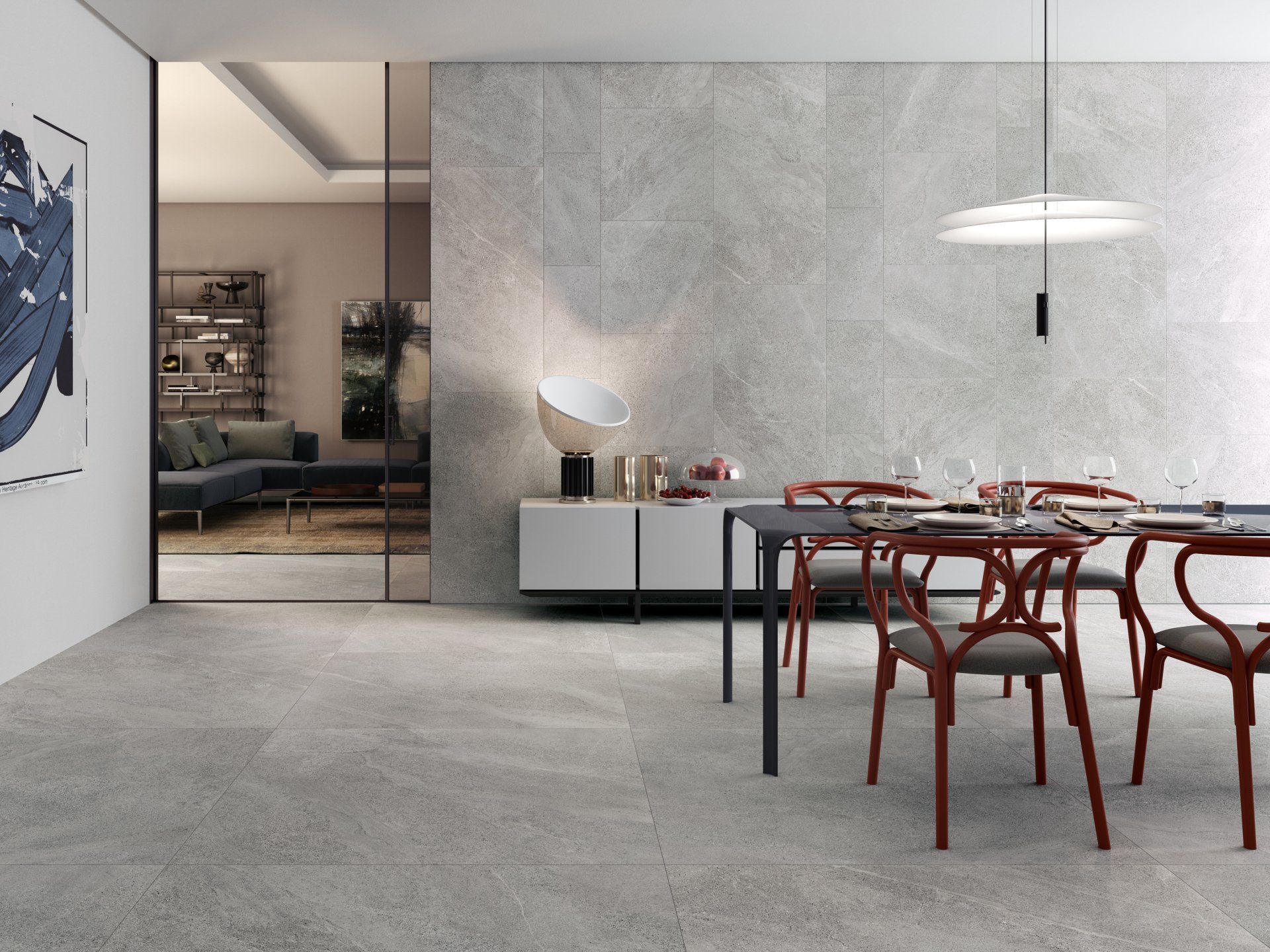 large floor tiles ,wall and floor tiles , dining room , wooden kitchen table and chairs , dining  and living room room joined