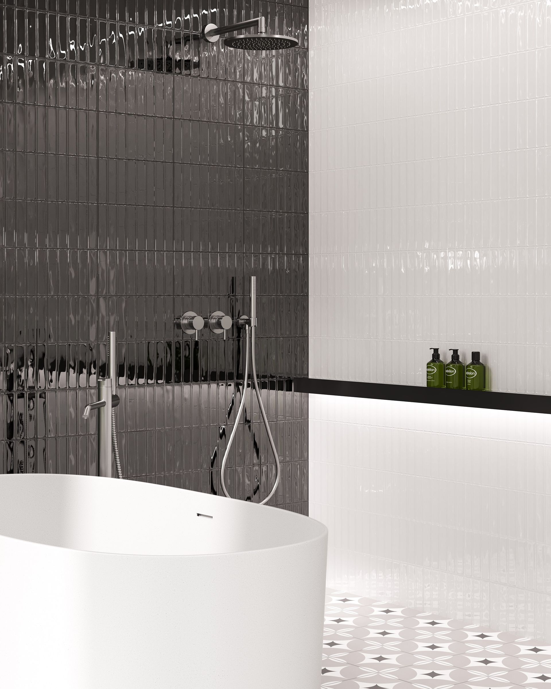 Piano Black gloss wall tiles featured on this bathroom wall with silver faucets