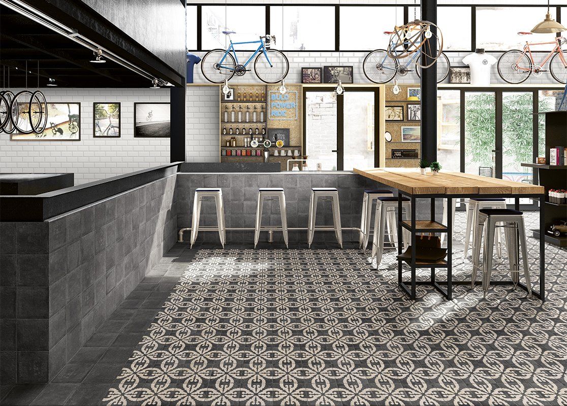 Rustico Black floor pattern tile used in a modern kitchen