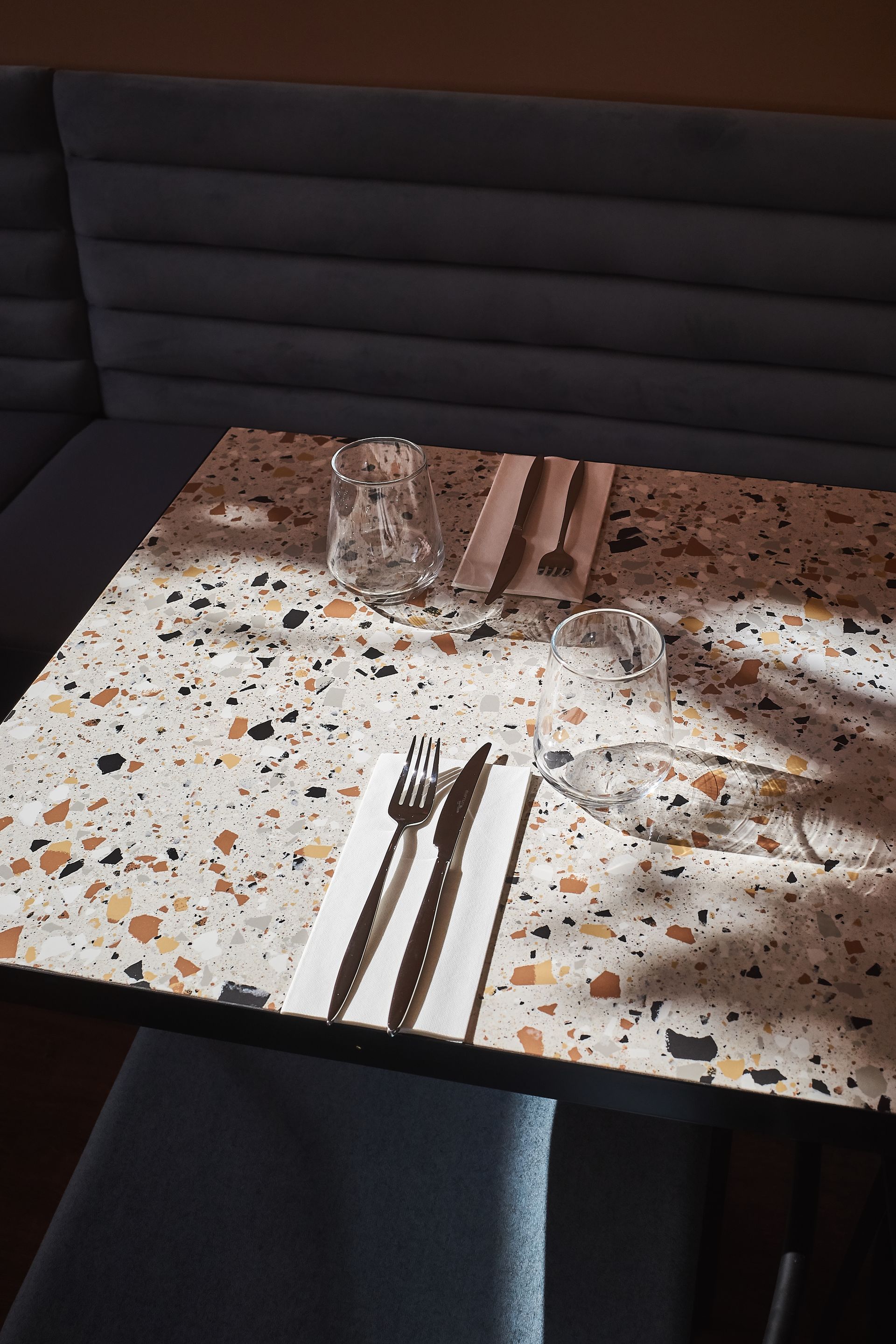 Terrazzo effect in a dining table at bocca bocca resturant