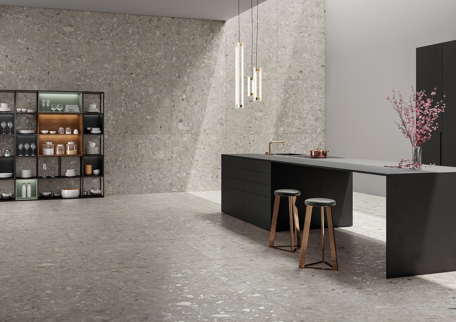 Ceppo effect room with Ceppo effect on the floor and wall of this kitchen