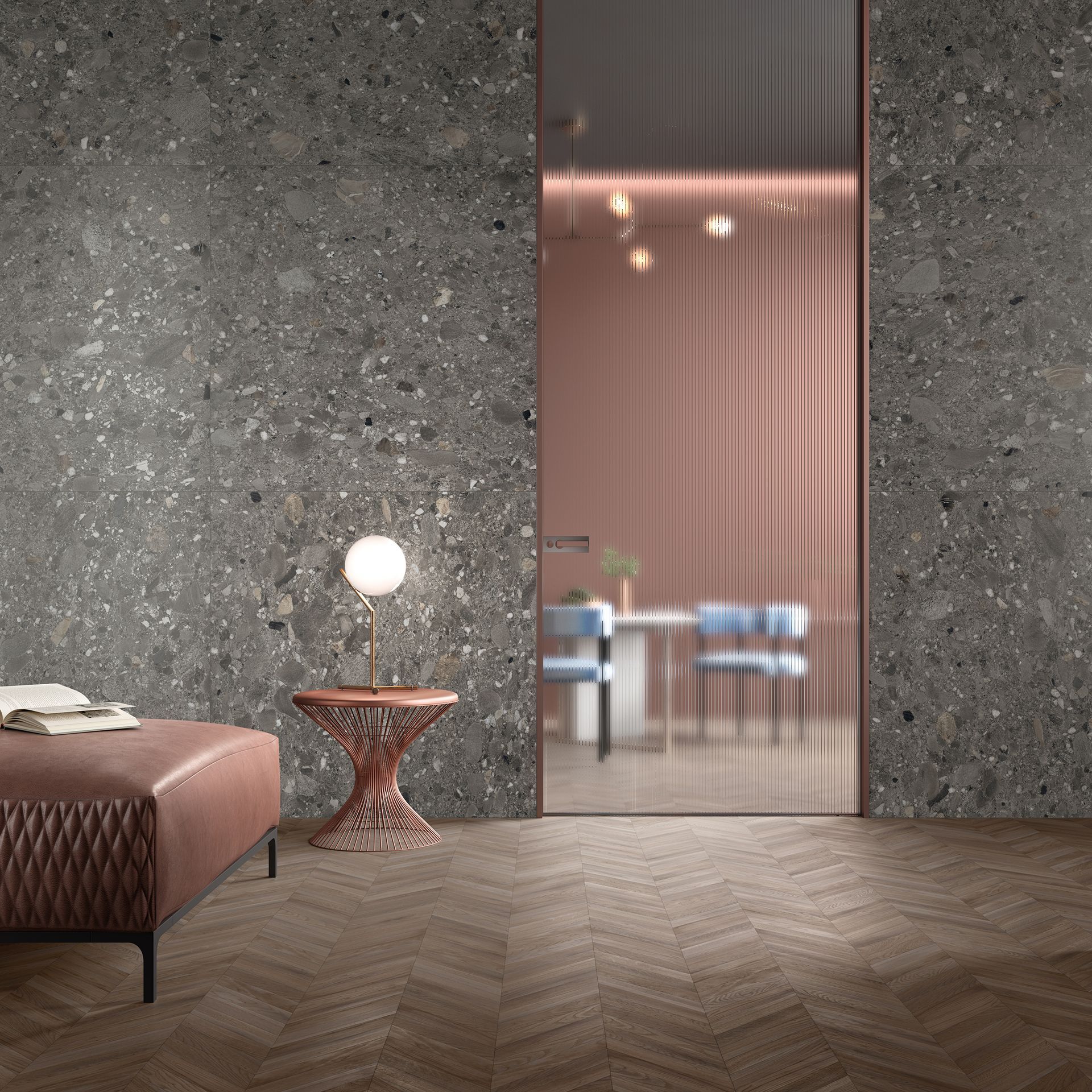 Grey wall tile behind mesh nightstand and peach coloured bed