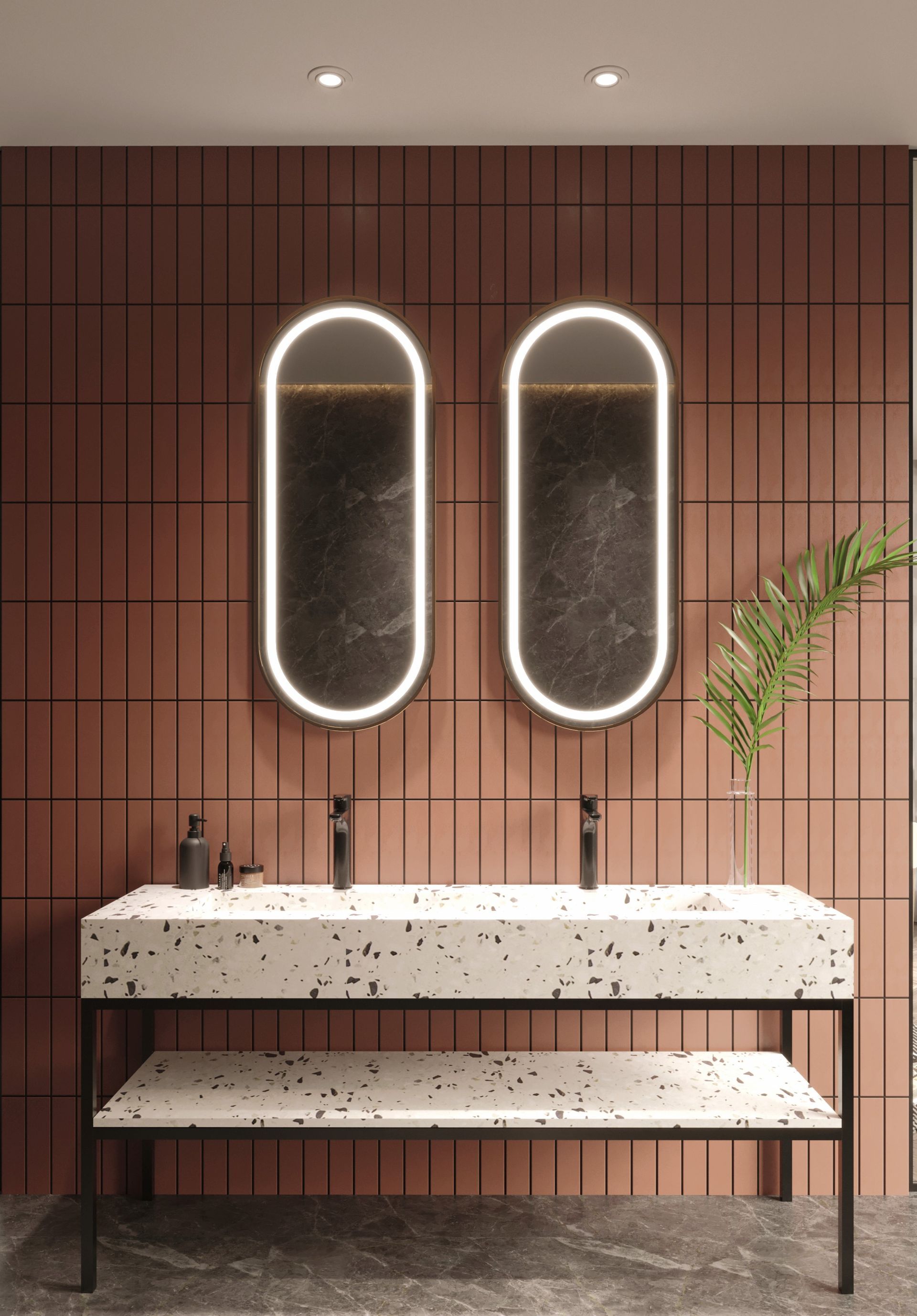 Square wall tiles used in a modern bathroom with a terrazzo effect sink