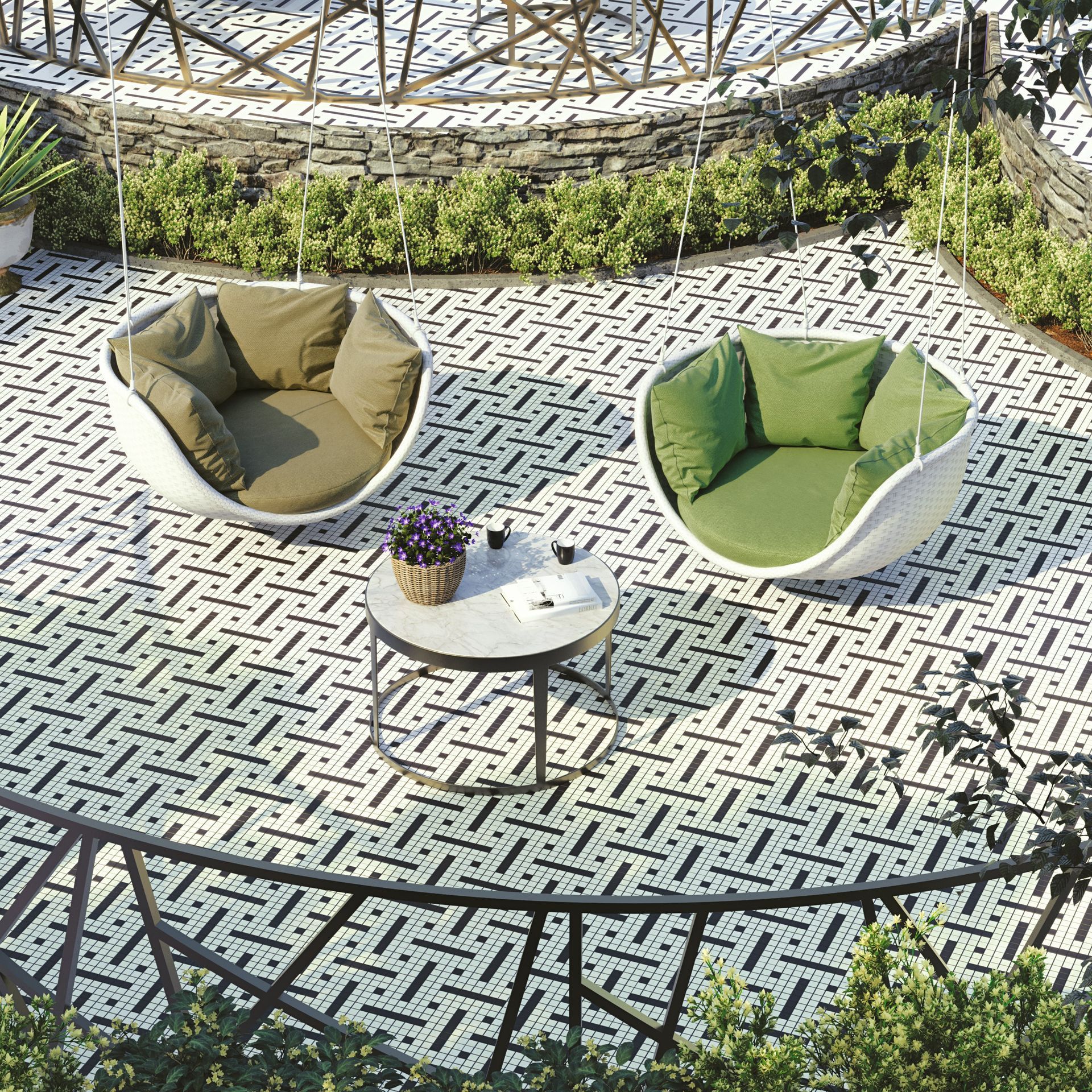 full body solid coloured tiles used in a garden setting with green and white swing seats creating a relaxing atmosphere