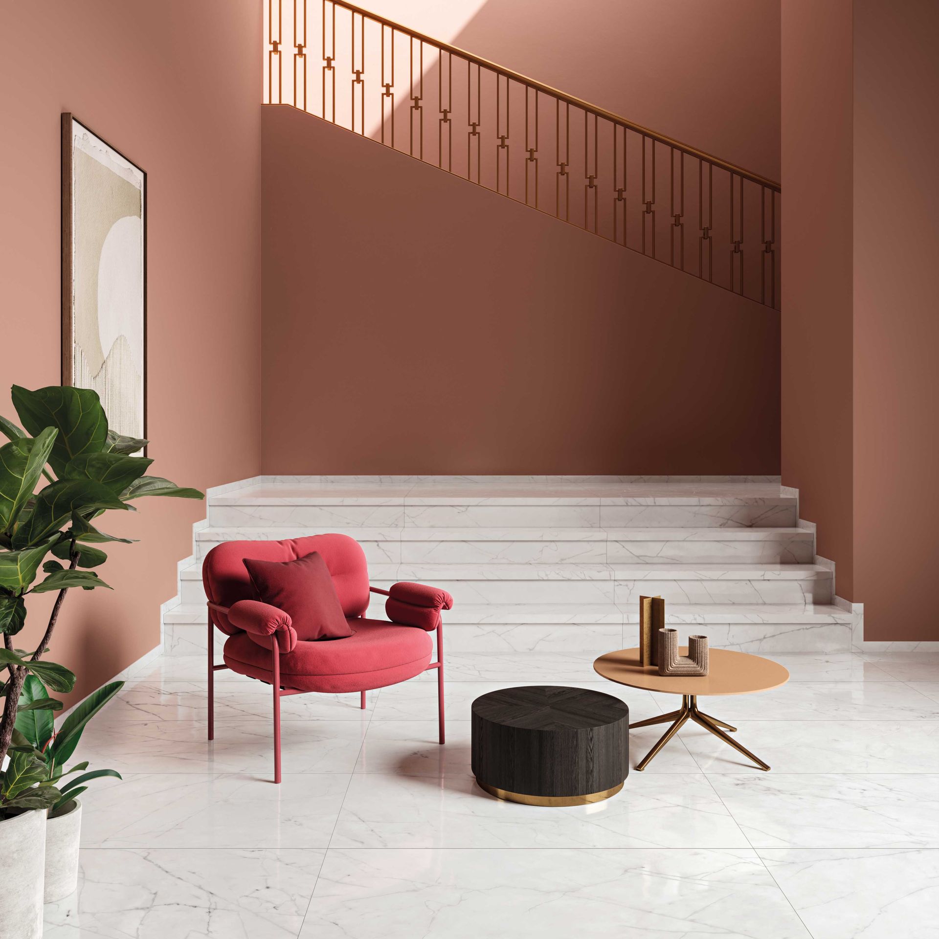 Pink salmon coloured room with stairs