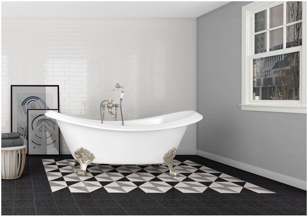 Rustic gloss white brick bond wall tile,  300x75mm bathroom free standing bath