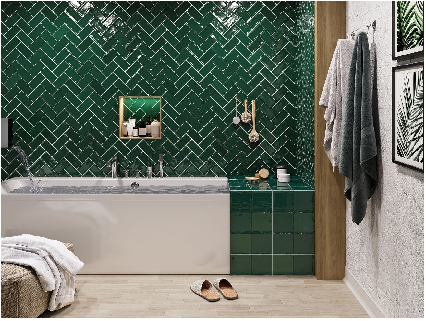 Herringbone green gloss 150x75mm ceramic wall tile, bathroom wall