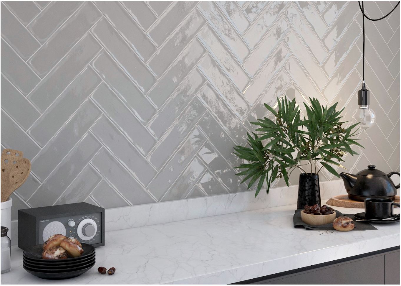 Rustic farmhouse gloss ceramic grey herringbone wall tile, kitchen splashback 300x75mm