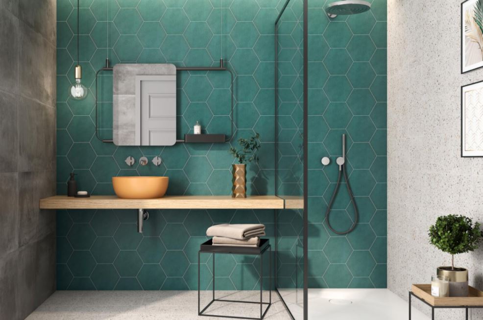 Concrete Floor Tiles in a green bathroom minimalistic design