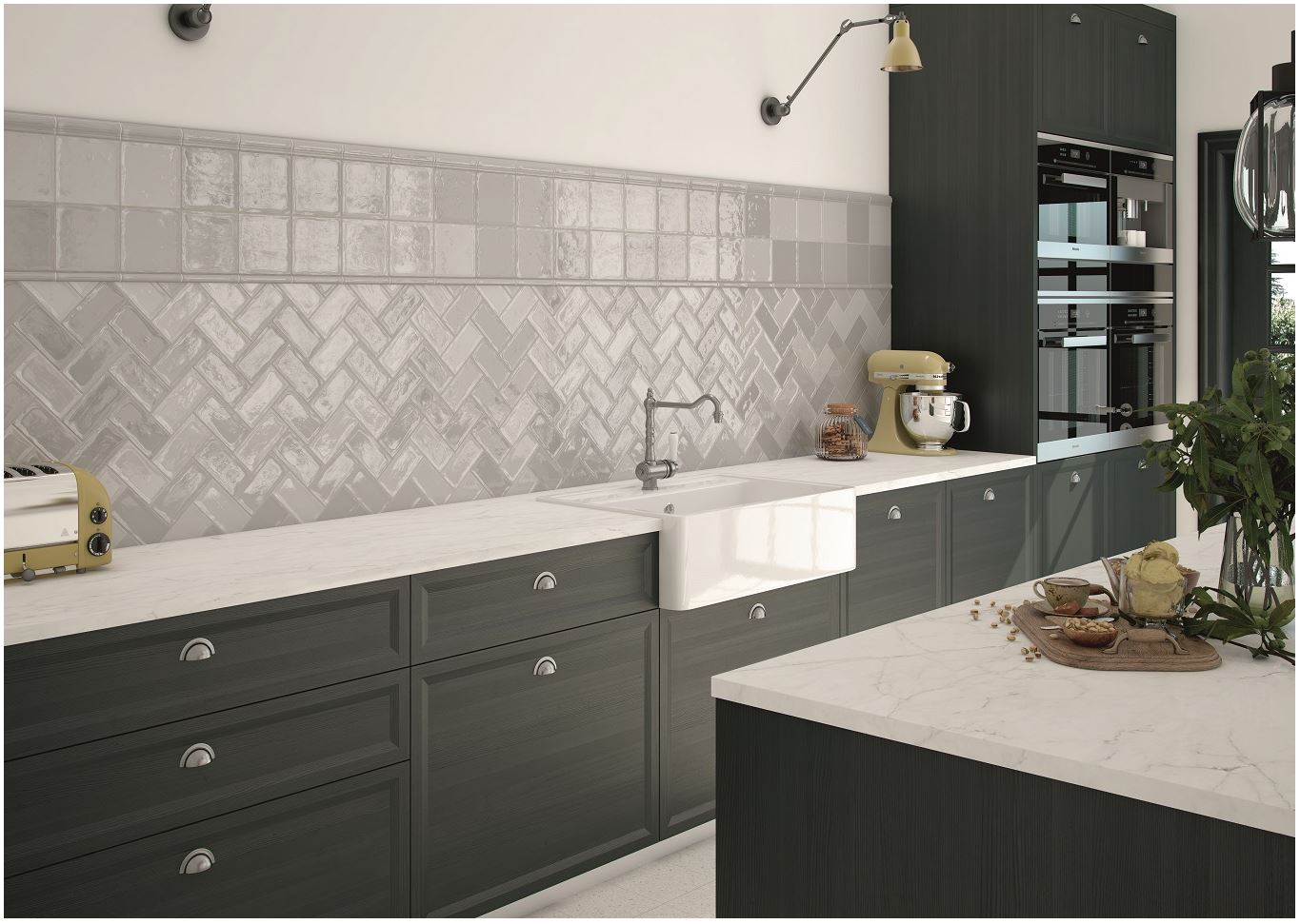 Herringbone grey gloss 150x75mm ceramic wall tile, kitchen splashback