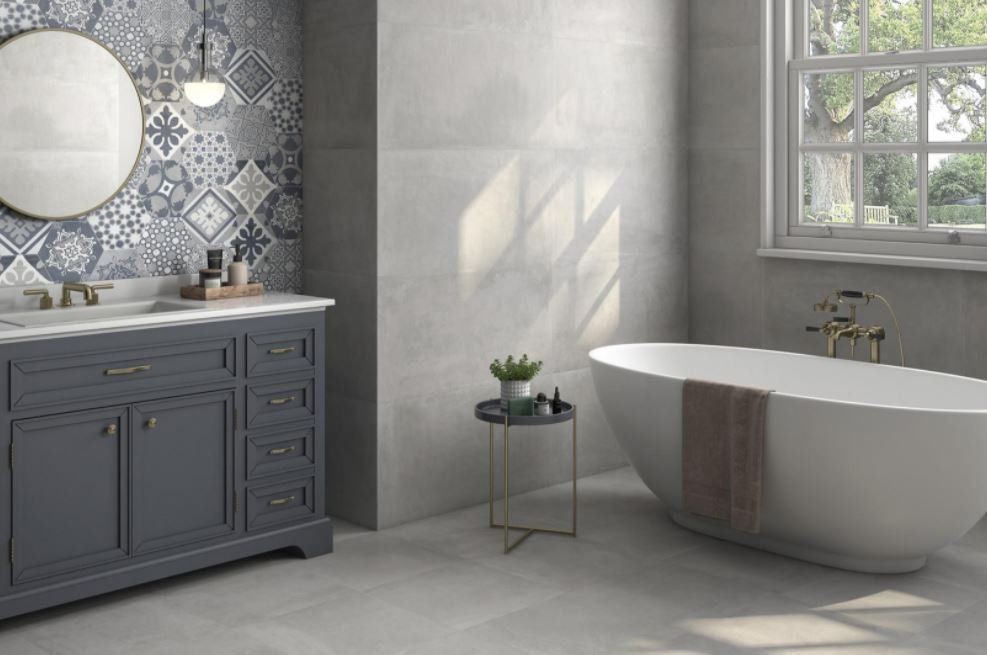concrete floor tiles in a bathroom setting with a minimalistic touch