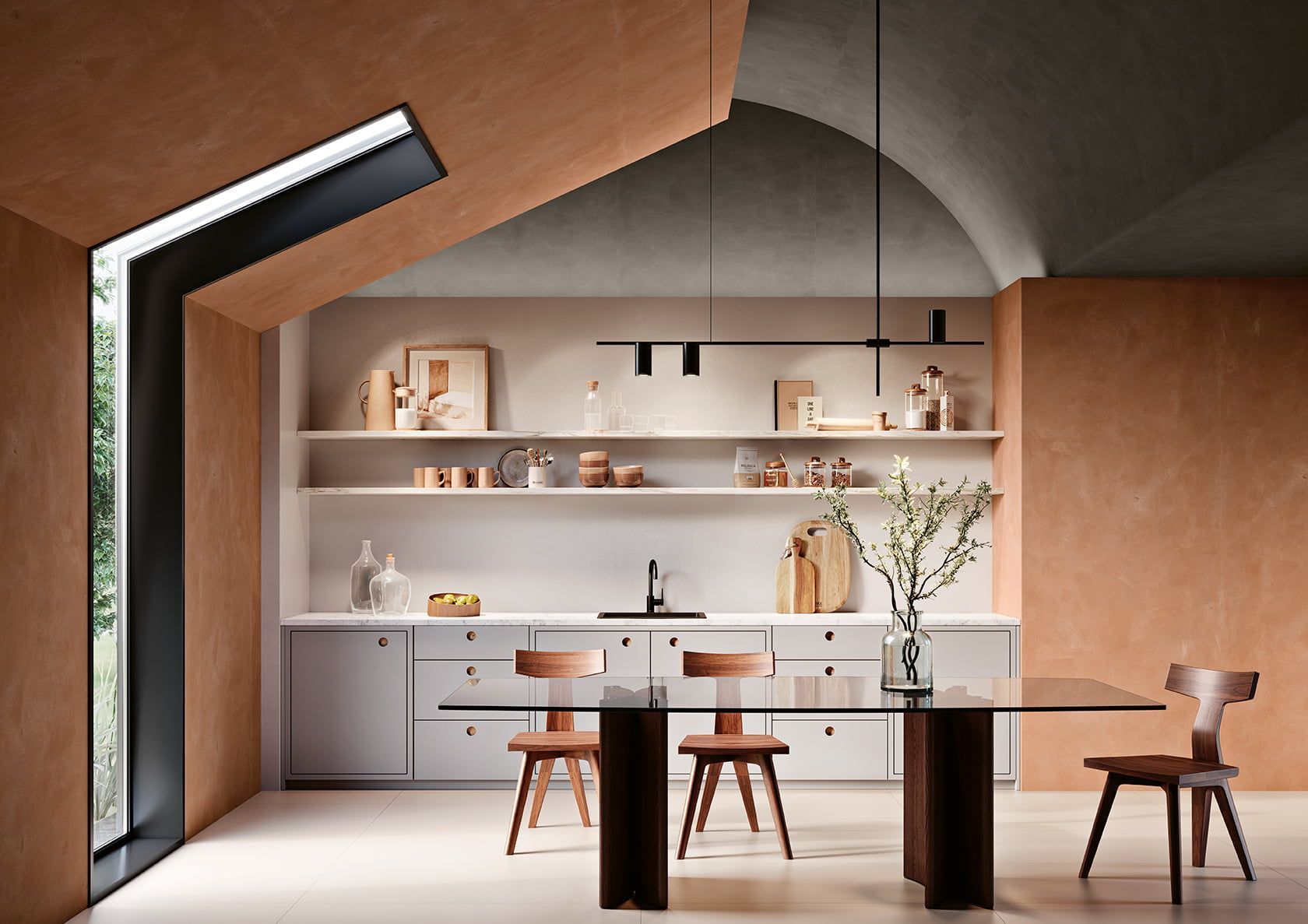 Dining room table in the center of the room with oragne archi.concrete wallpaper