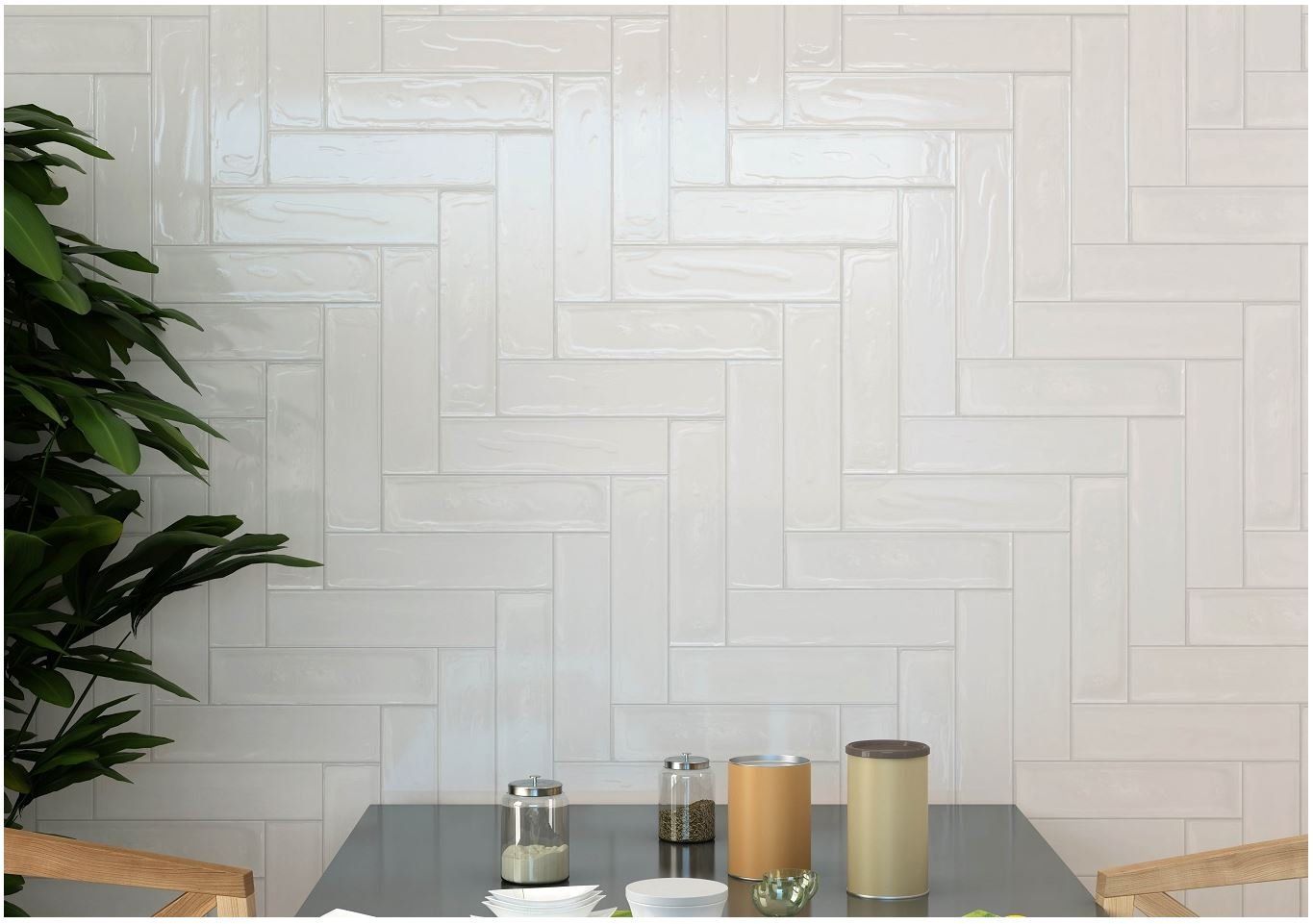 Rustic gloss ceramic white herringbone wall tile,  300x75mm bathroom and kitchen