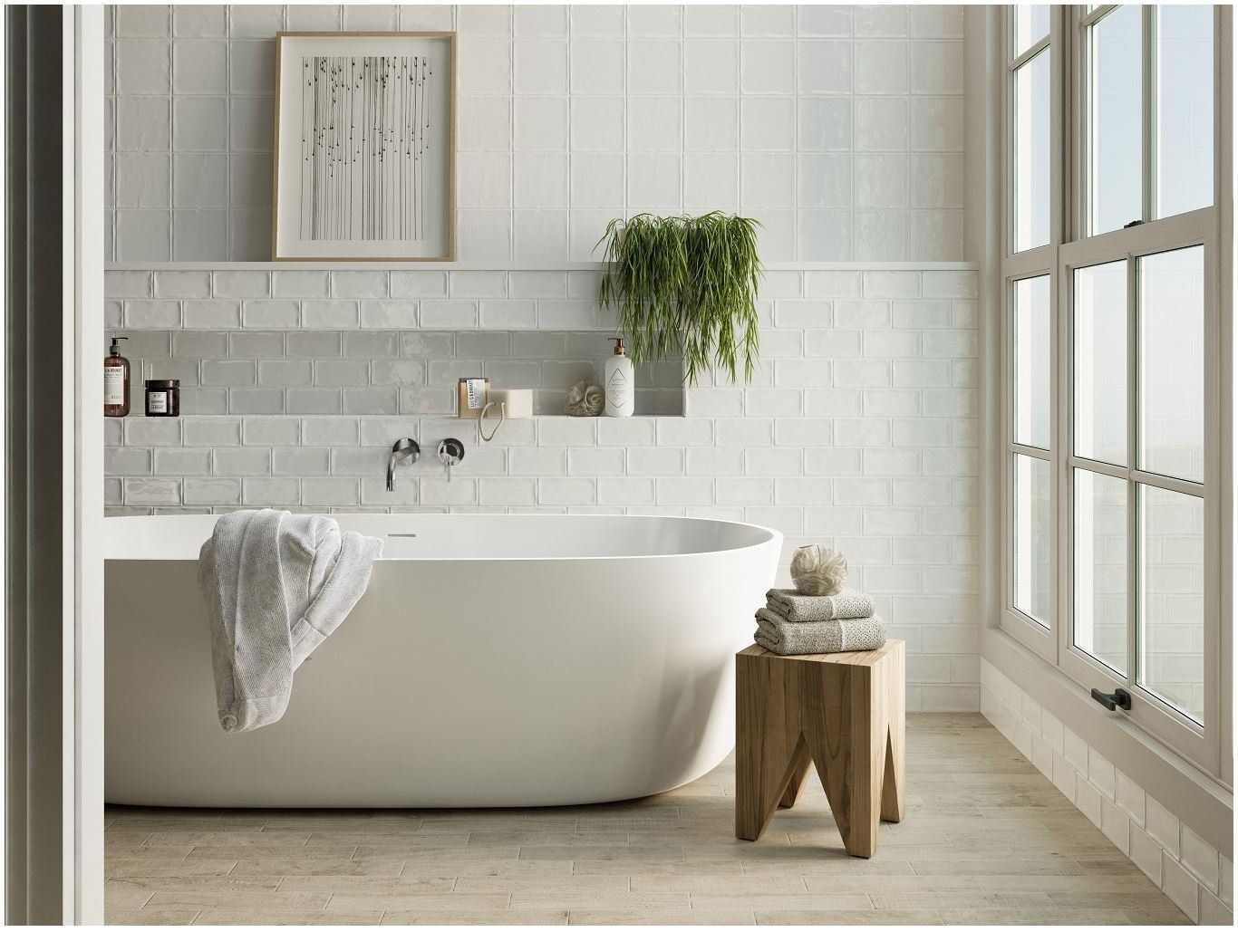 Brickbond white gloss 150x75mm ceramic wall tile, bathroom with free standing bath