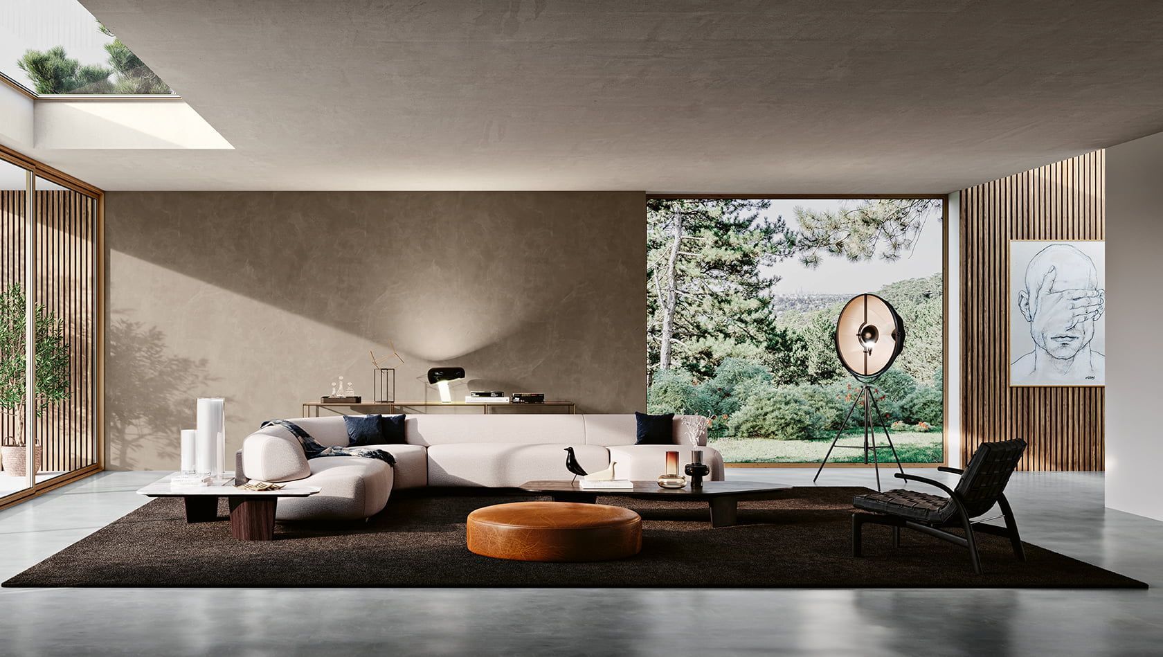 lounge area with sofas  and chairs and a brown rug with archi.concrete on the wall