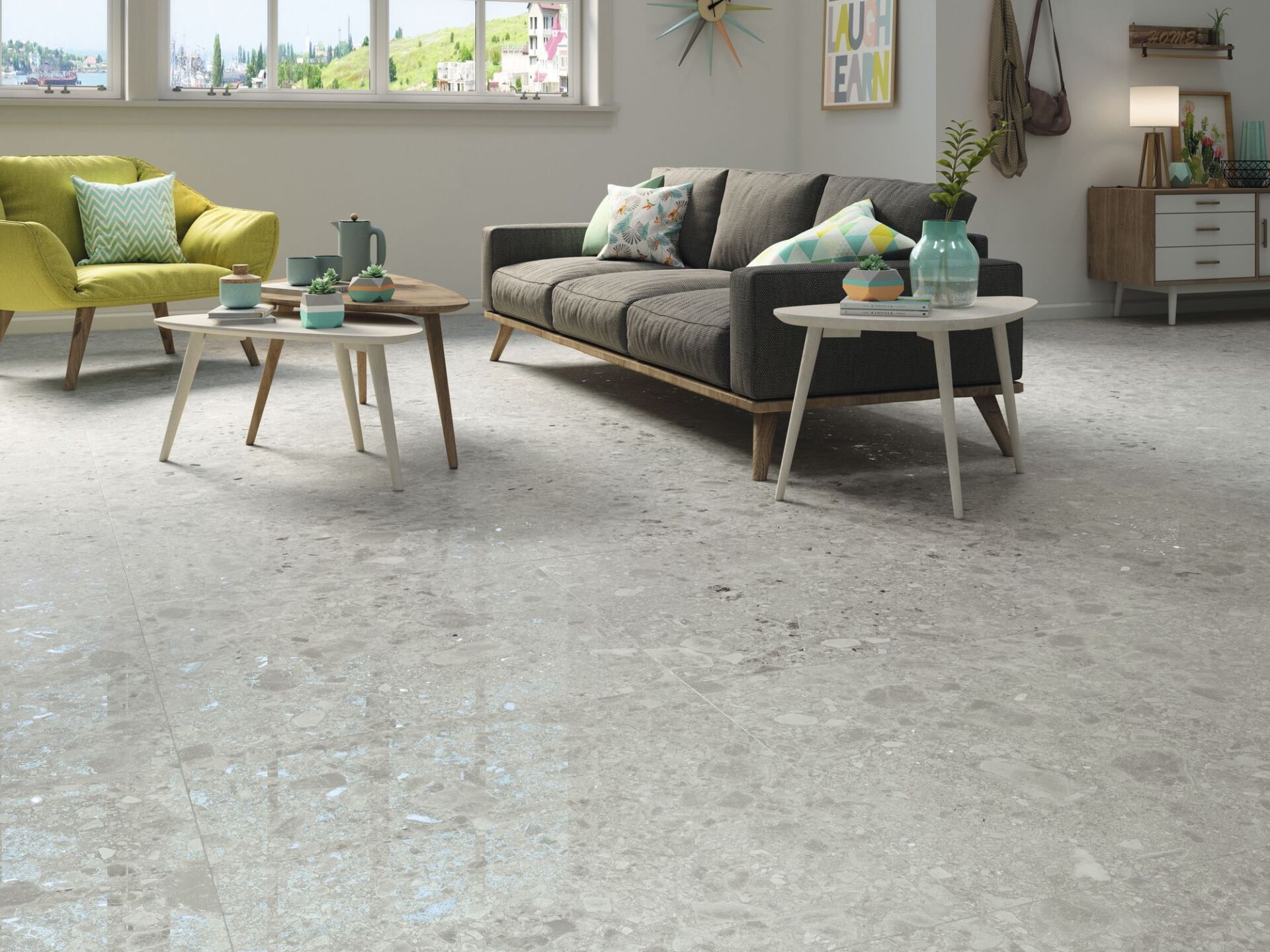terrazzo effect tiles in a lounge area