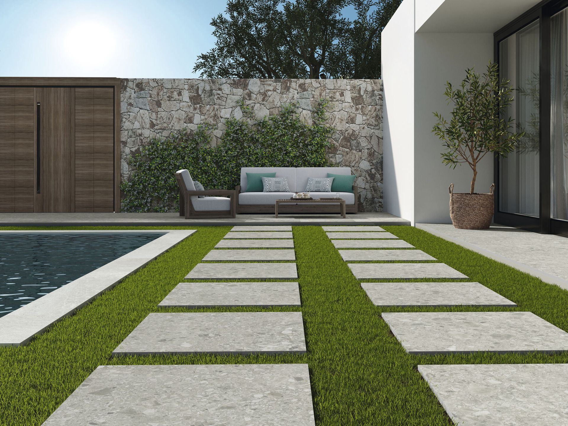 ceppstone , terrazzo outdoor tiles used in a back garden with a unique placement