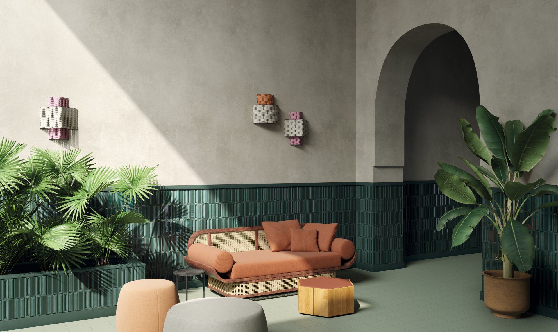 Fluted 3d green with a couch and plants around it